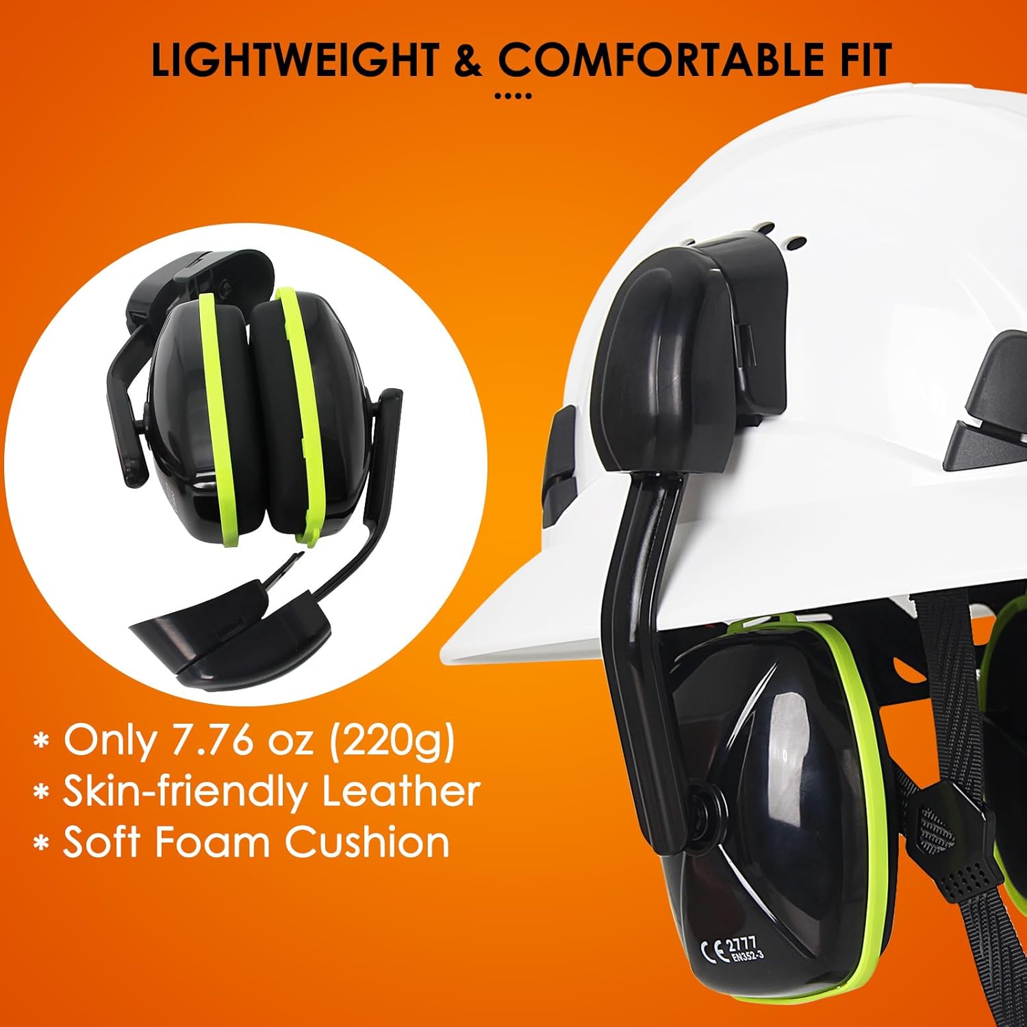 Construction Hard Hat Ear Protection - Full Brim Hard Hat Ear Protectors For Noise Cancelling, SNR 27dB OSHA Noise Reduction Earmuffs Design for 14 Style Full Brim Safety Hard Hats