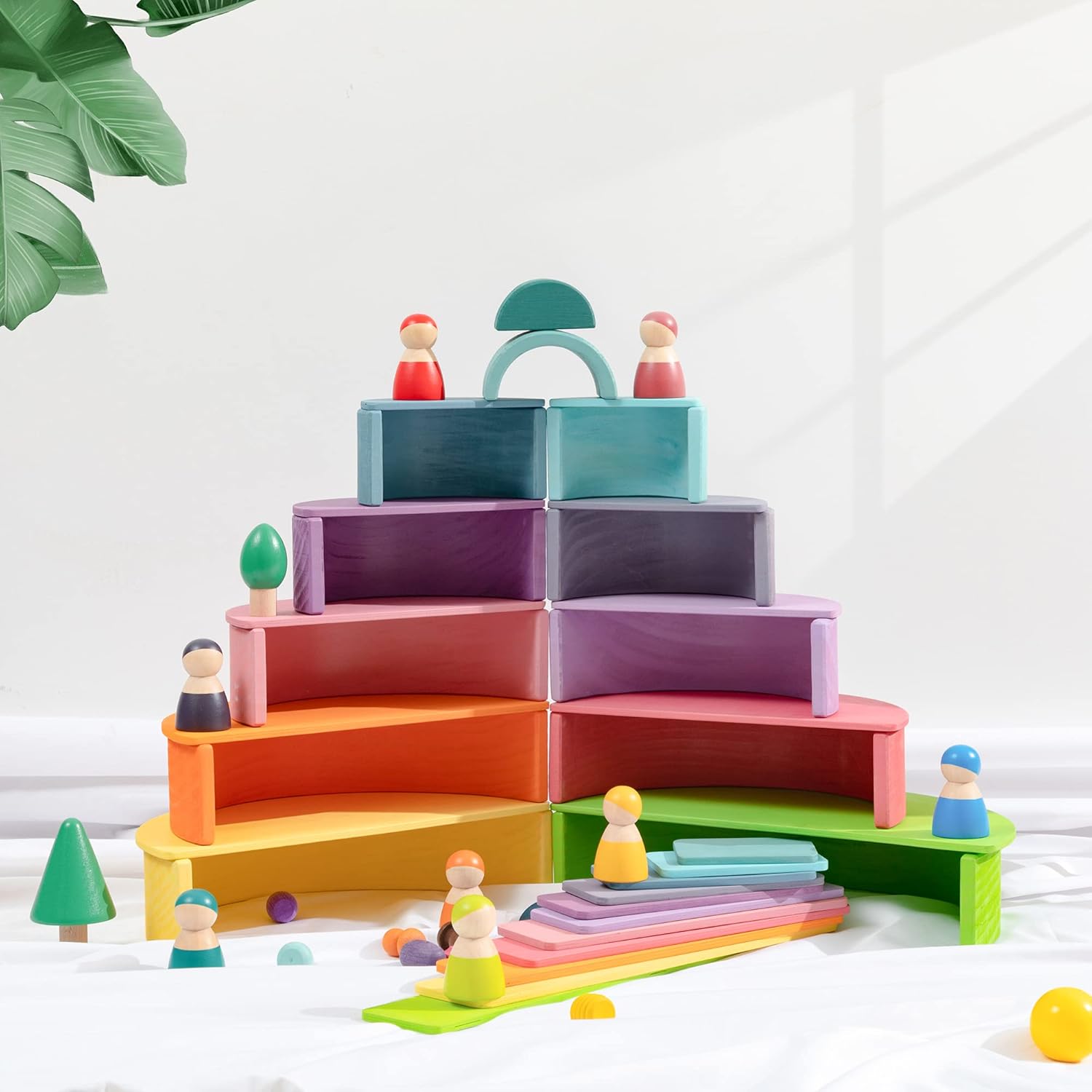 Wooden Rainbow Stacker Set - Rainbow Stacking Toy Set with Stacker, Semicircle, Building Board - Waldorf Wooden Open Ended Stacking Toys - Great for as Gift (Pastel-3 Pack)