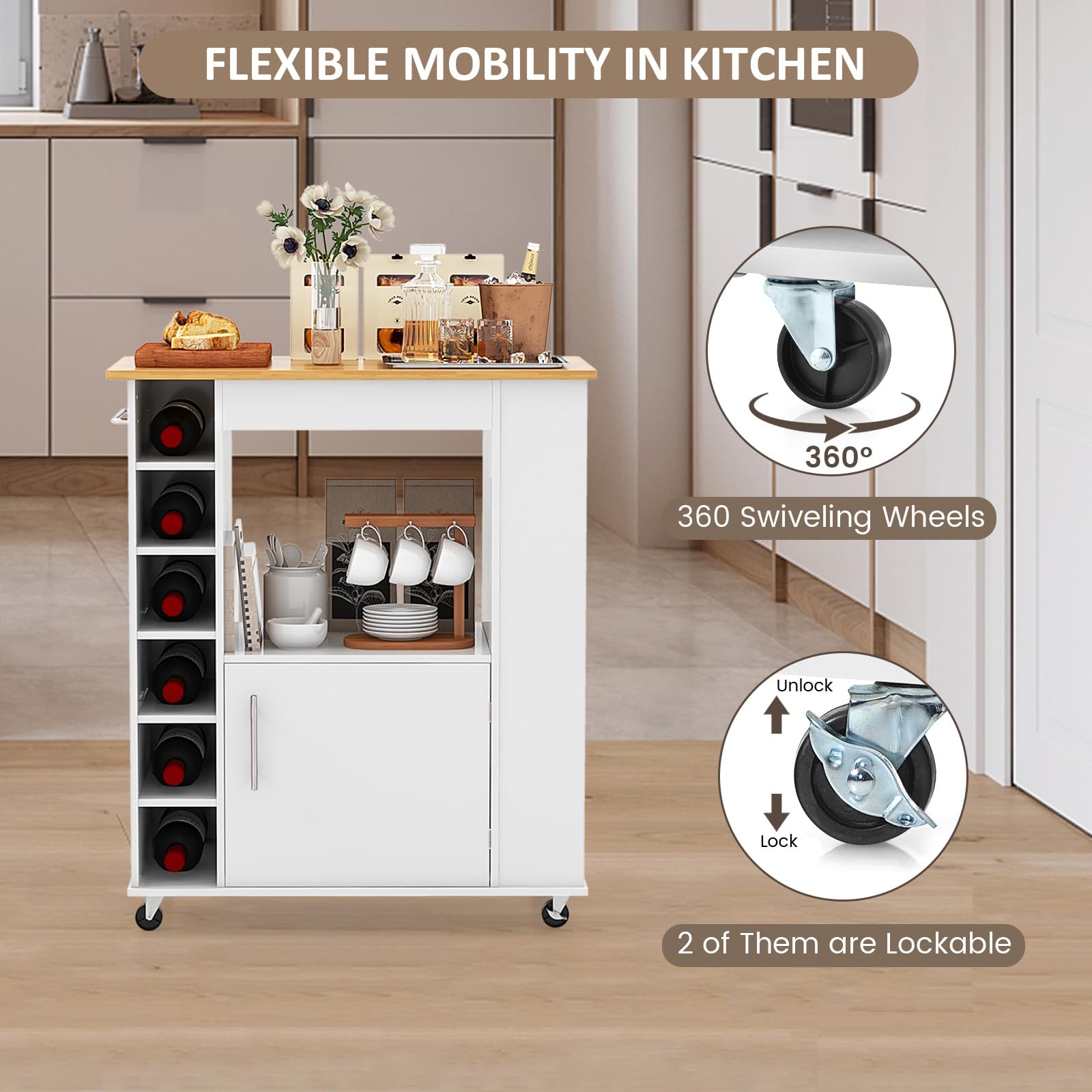 KOMFOTTEU Carro de Cocina con Encimera de Bambú y Ruedas (Blanco)