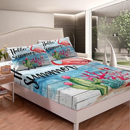 Miniatura 2 de Manfei Sábana bajera ajustable de flamenco rosa, tamaño matrimonial, juego de ropa de cama de playa de verano de 3 piezas para decoración de