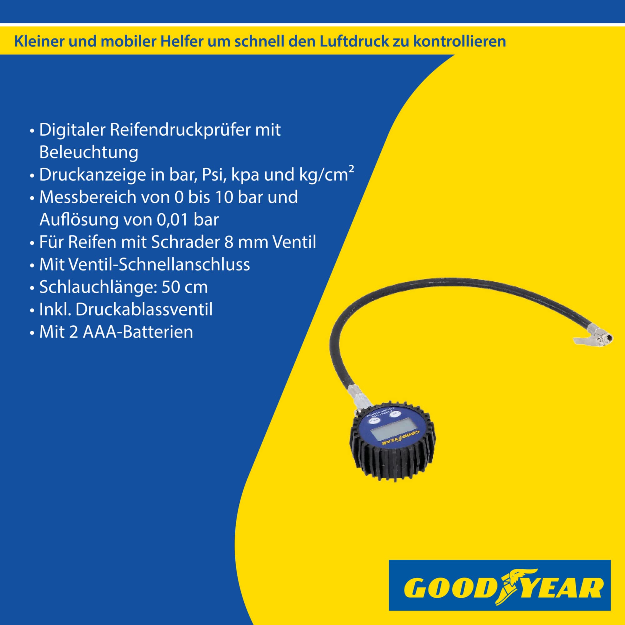 Goodyear Cyfrowy miernik ciśnienia w oponach 0-10 bar 50 cm czarny