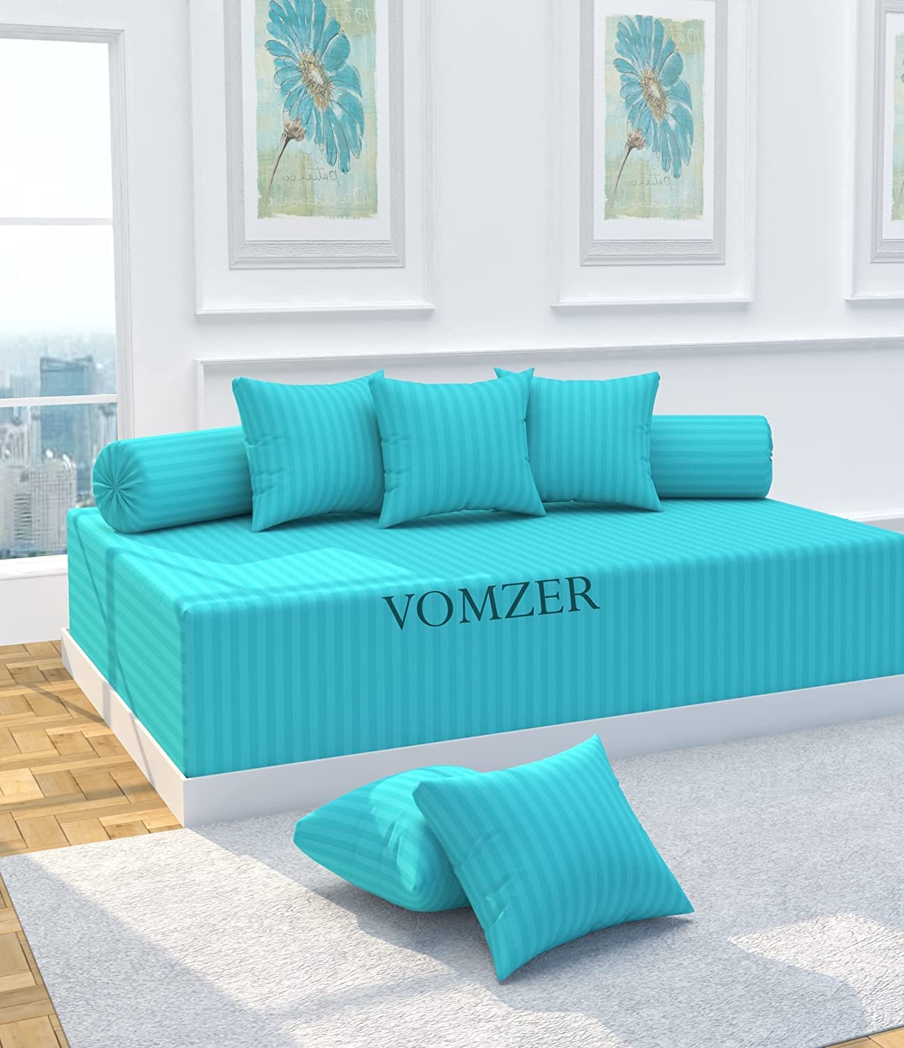 Glace Cotton Solid & Striped 8 Pieces Diwan Set with Single bedsheet, 5 Cushions Covers and 2 Bolster Covers (Aqua Stripe)-image-26