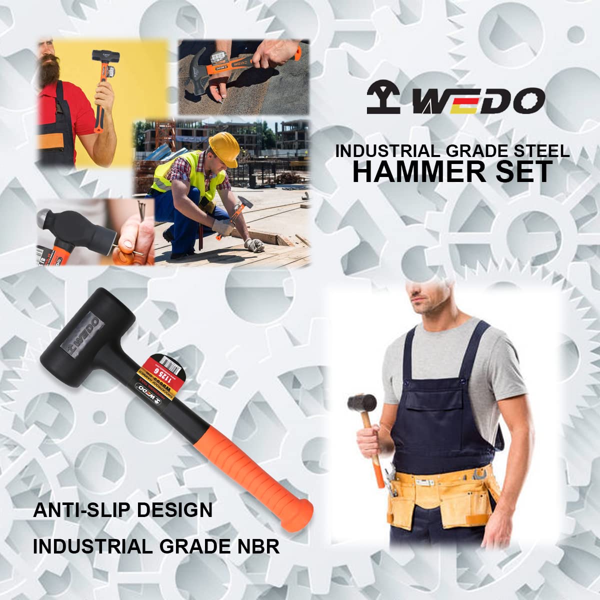 WEDO Juego de 5 martillos de acero,martillo degarra (16oz),martillo de bola (2lb),martillo de maquinista (1000g),martillo de trineo,martillo degoma a prueba degolpes (1125g),mango de fibra deVidrio