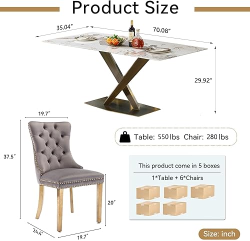 Miniatura 9 de Juego de mesa de comedor de mármol blanco para 6, 70 pulgadas, mesa de comedor de mármol blanco con 6 sillas de terciopelo gris y base de acero al