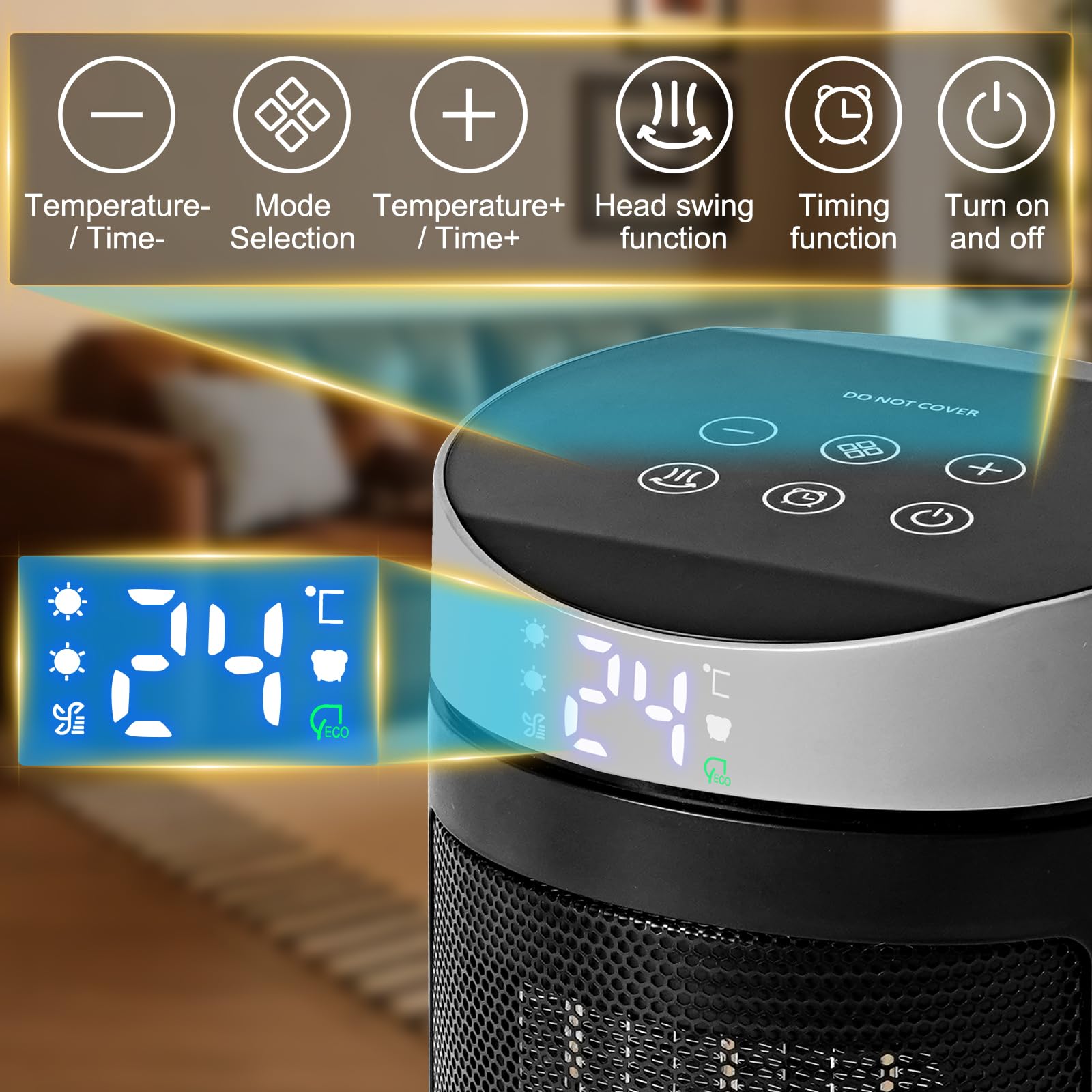 HOSSOM Calefactor Bajo Consumo, 1500W PTC Ceramico Radiador Electrico, 90° Oscilación, con termostato, temporizador 1-12H, 4 Modos, Modo ECO, Protección Sobrecalentamiento/Vuelco Apto interior
