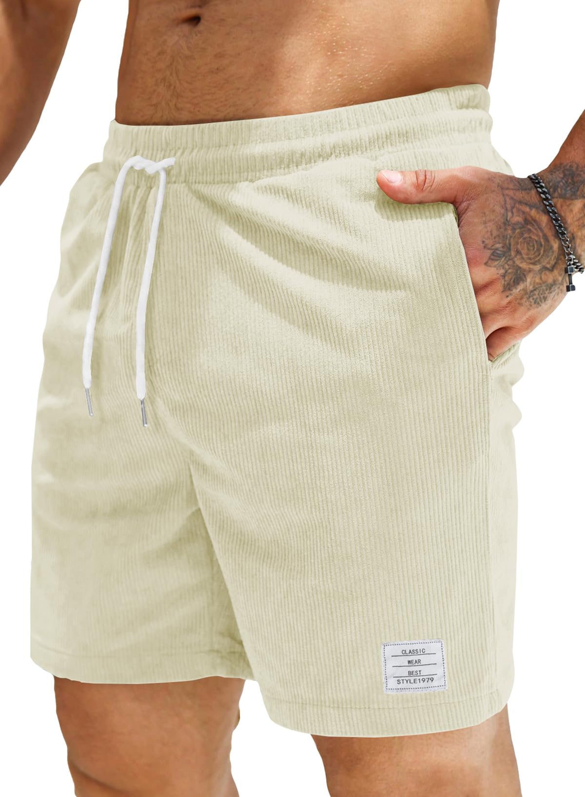 JMIERR Corduroy Shorts Herren Sommer Freizeit Leinen Stretch Baumwolle Elastische Taille mit Taschen