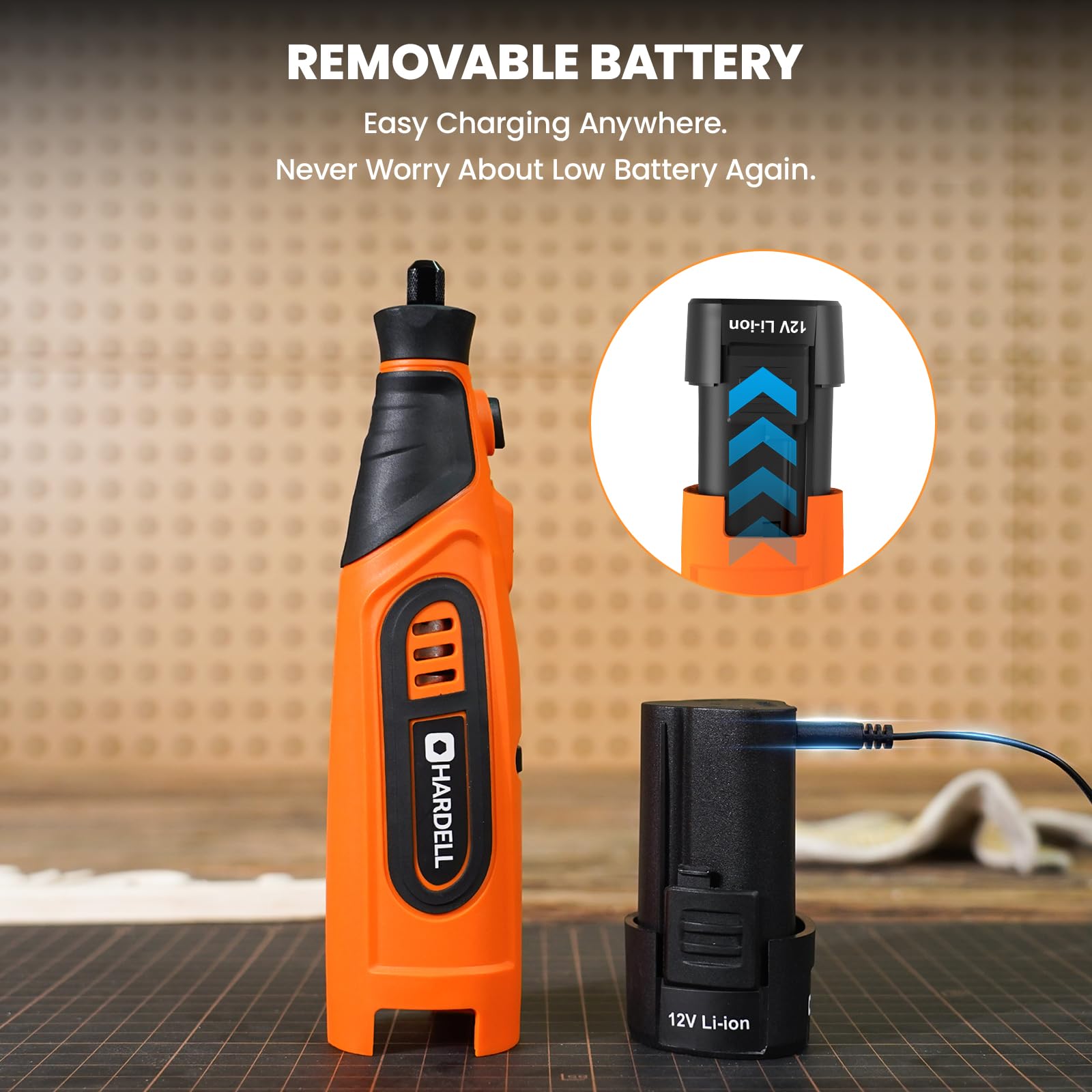 HARDELL Kit de Herramienta Rotativa Inalámbrica de 12 V Actualizado con 43 Accesorios, 6 Velocidades (10 000-25 000 RPM), Batería Extraíble de 1500 mAh, Larga Autonomía para Lijar, Pulir