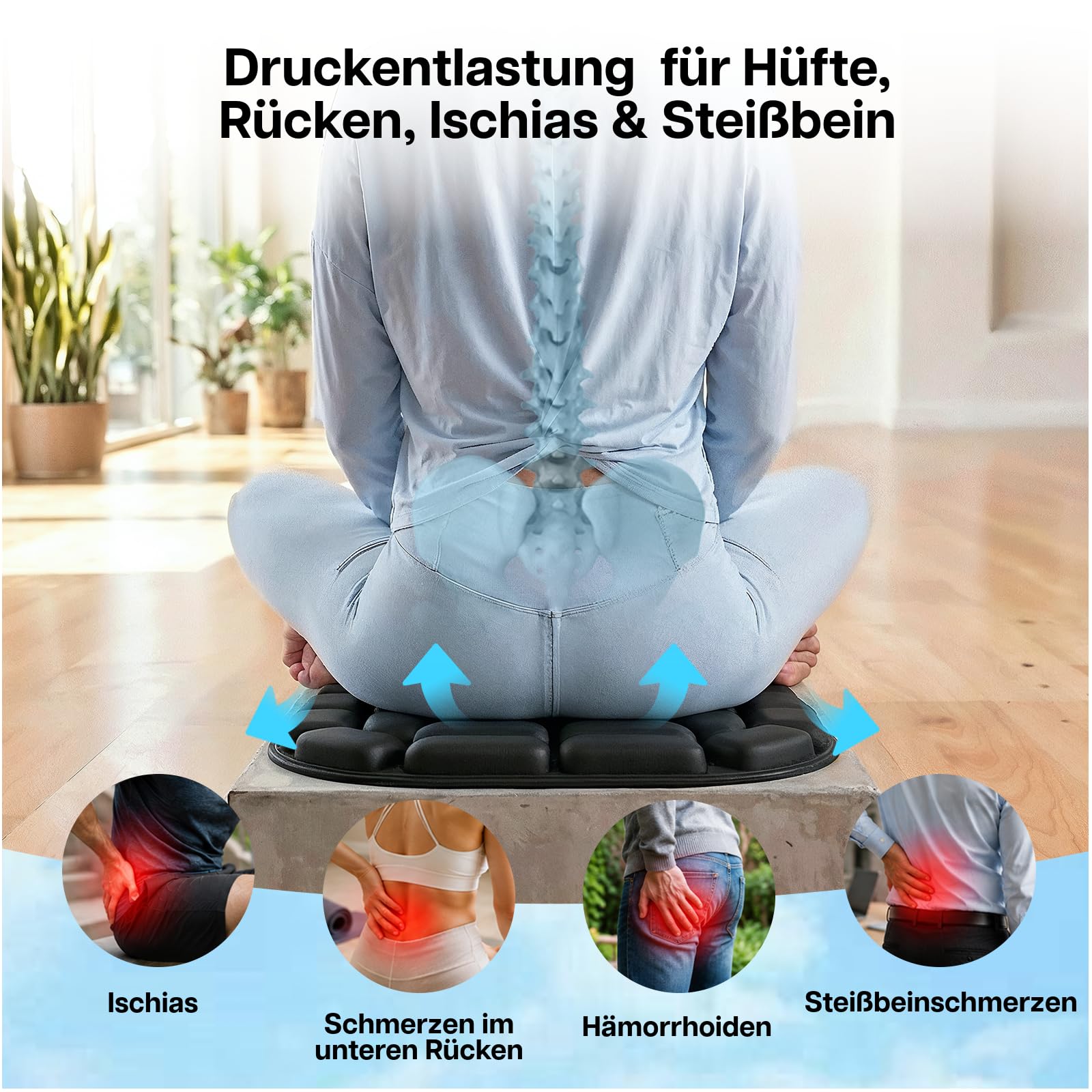 MMOBIEL Aufblasbares Reise Sitzkissen Tragbares Flugzeug Sitzkissen mit 3D Luftzellen, Tragetasche & Anti-Rutsch Unterseite – Druckentlastung Steißbein & Hämorrhoiden – Büro, Camping & Stadion