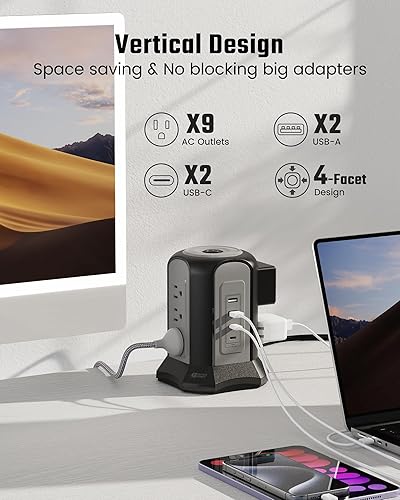 Miniatura 3 de SUPERDANNY - Torre de regleta de alimentación, 12 salidas con estación de carga USB de 35 W (2 USB-A y 2 USB-C), 1625 W13 A, protector de