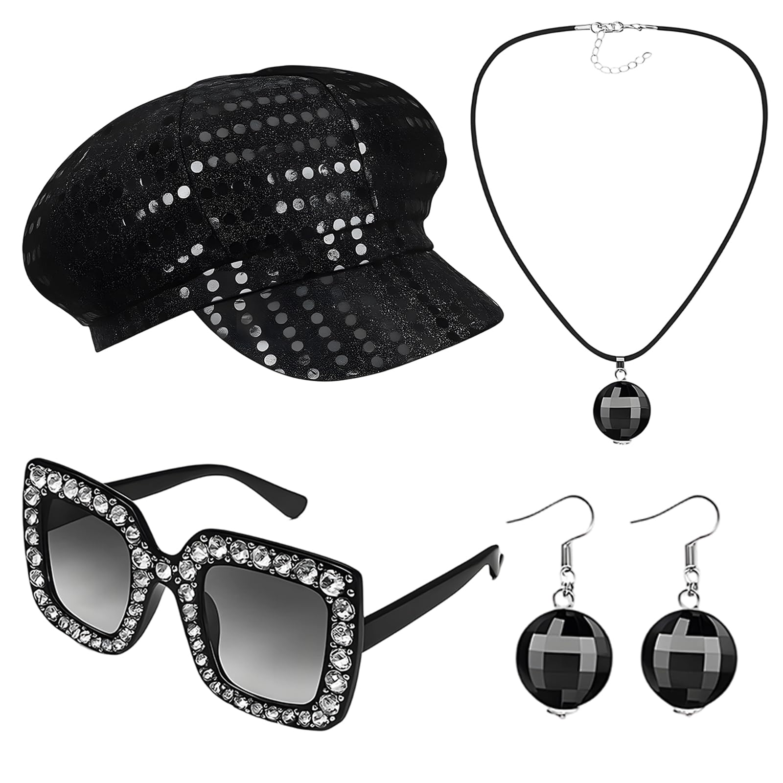 HcrYen Abba Accessories, Fancy Dress, 4 PCS Abba Fancy Dress Costume, with Black Sequins Hat, Full Diamond Glasses, Earrings and Necklace, Perfect for Retro Parties and Theme Events