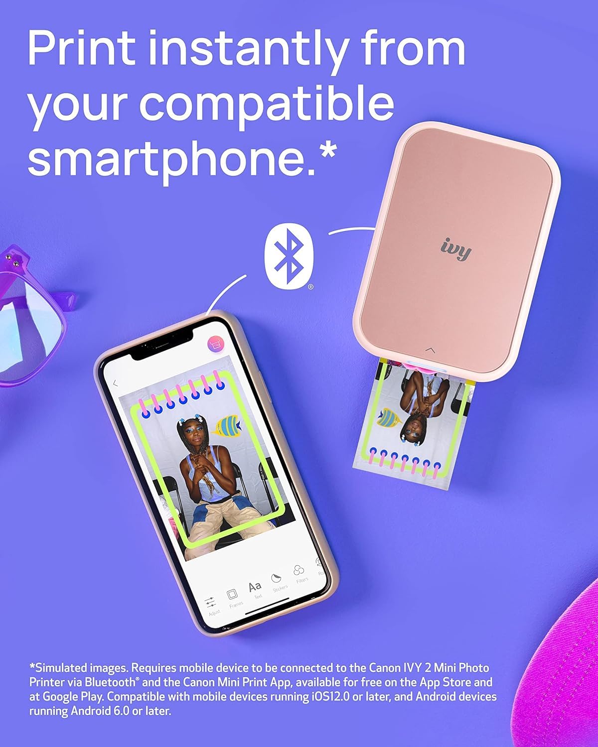 Ivy 2 Mini impresora fotográfica (rosa rubor) - Bluetooth, impresión desde dispositivos iOS y Android, paquete incluye 110 impresiones adhesivas Zink, barra de luz LED, funda protectora y cable 3