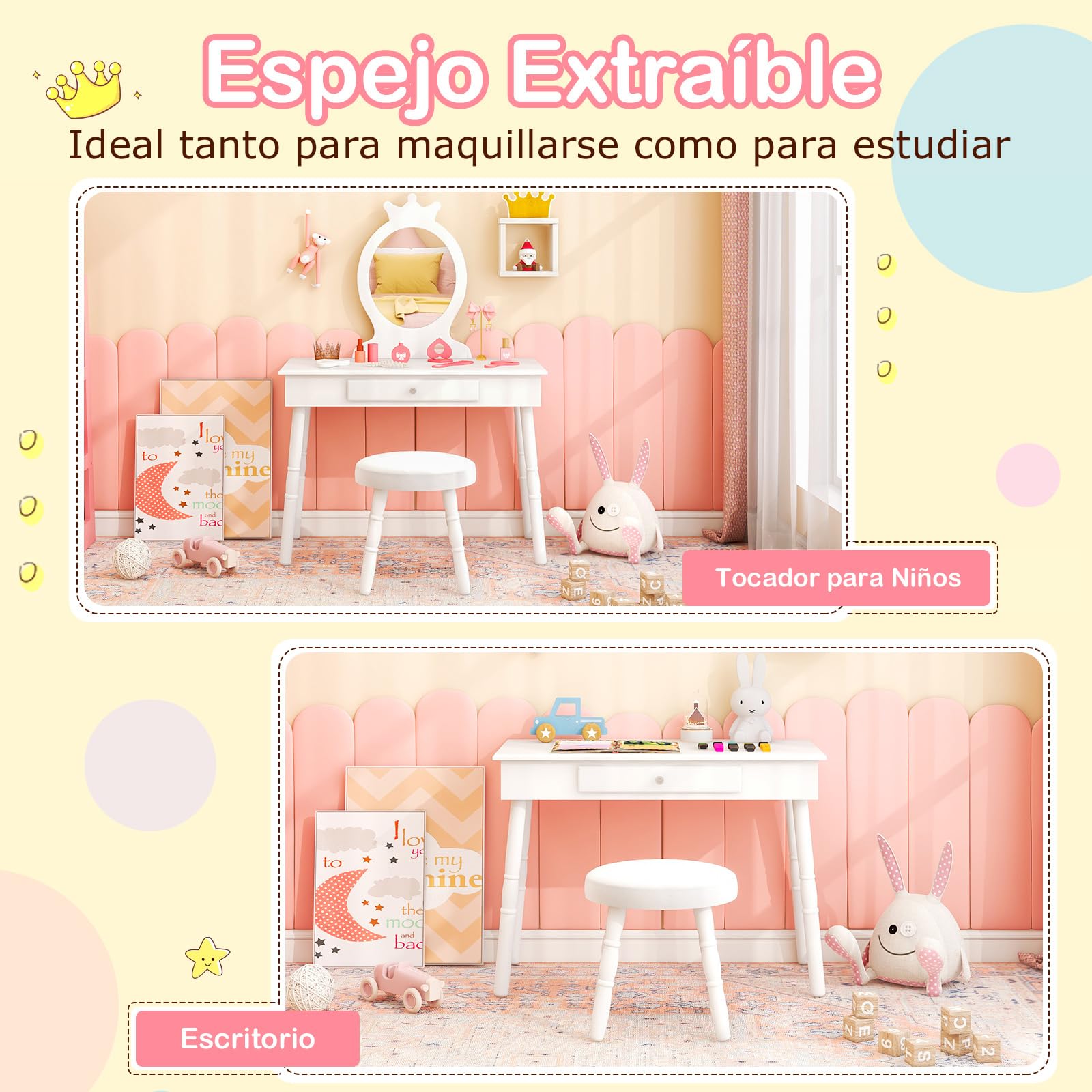 COSTWAY Tocador de Maquillaje con Taburete y Espejo para Niña, Escritorio Madera 2 en 1 con Cajón, Infantil +3 Años, 70x34x101 cm (Blanco)