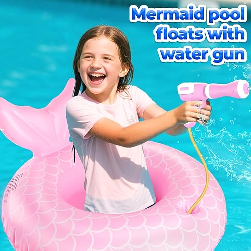 Miniatura 7 de Flotador de sirena para piscina con pistola de agua para niñas y niños de 3 a 5 años de edad, flotadores inflables de piscina para niños pequeños,