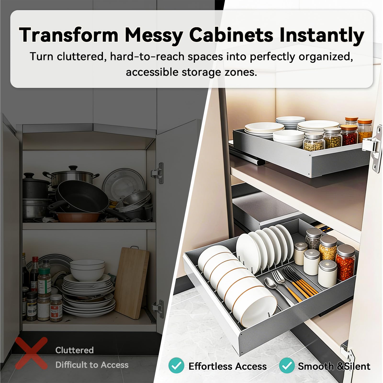 Meuble d'angle coulissant en aluminium pour cuisine - Solution de rangement pour casseroles et poêles - Optimise l'espace de rangement