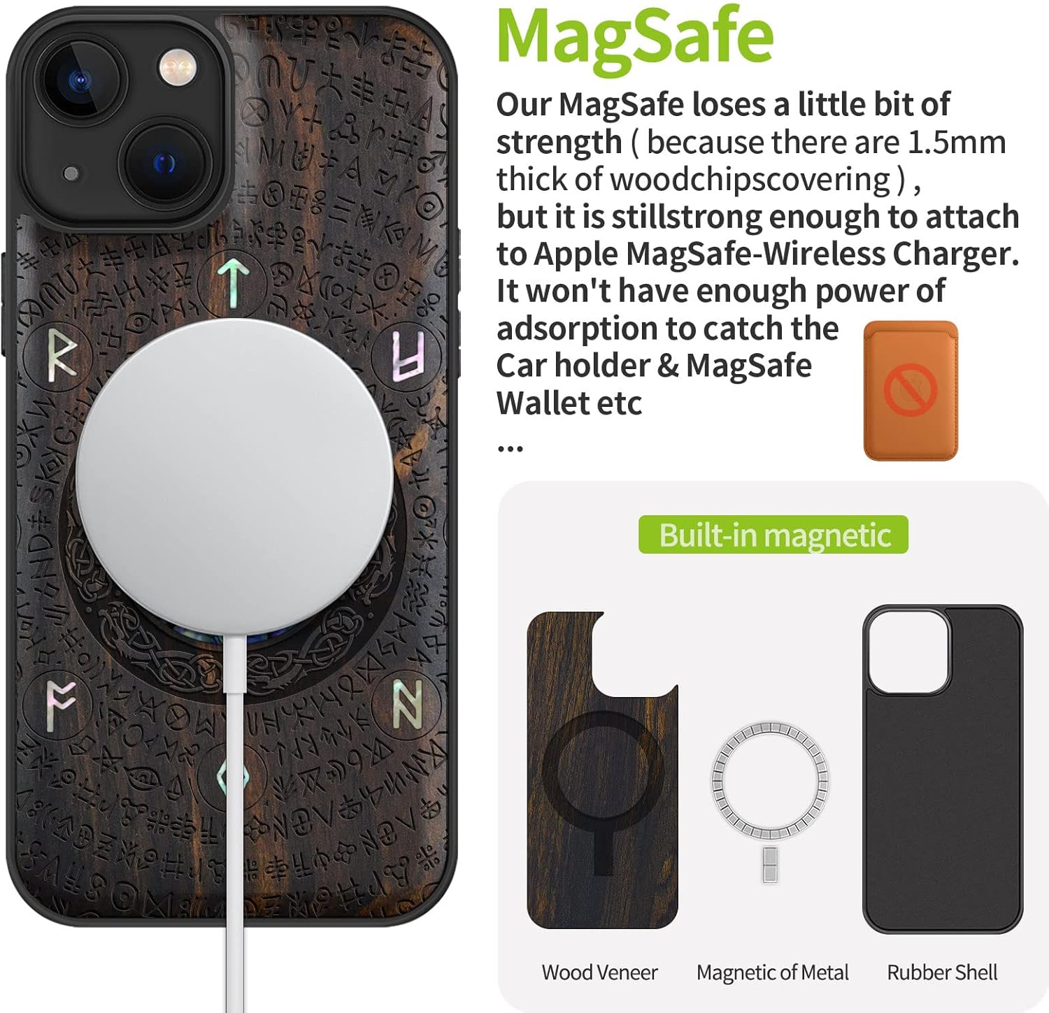 Carveit Designer Wooden Protective Case for iPhone 13 Magnetic Cover [Wood Engraving & Shell Inlay] Wood Phone Case Compatible with iPhone 13 MagSafe 6.1 Inch (Viking-Blackwood) - Image 5