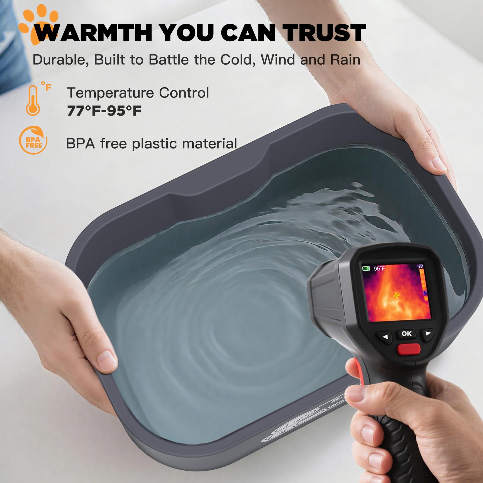 IPOW Cuenco de agua con calefacción para mascotas, rectangular extra grande de 5.5 litros, duradero, para exteriores, con cable antimasticación, mantiene el agua caliente a 25.0-35.0 °C para gatos y