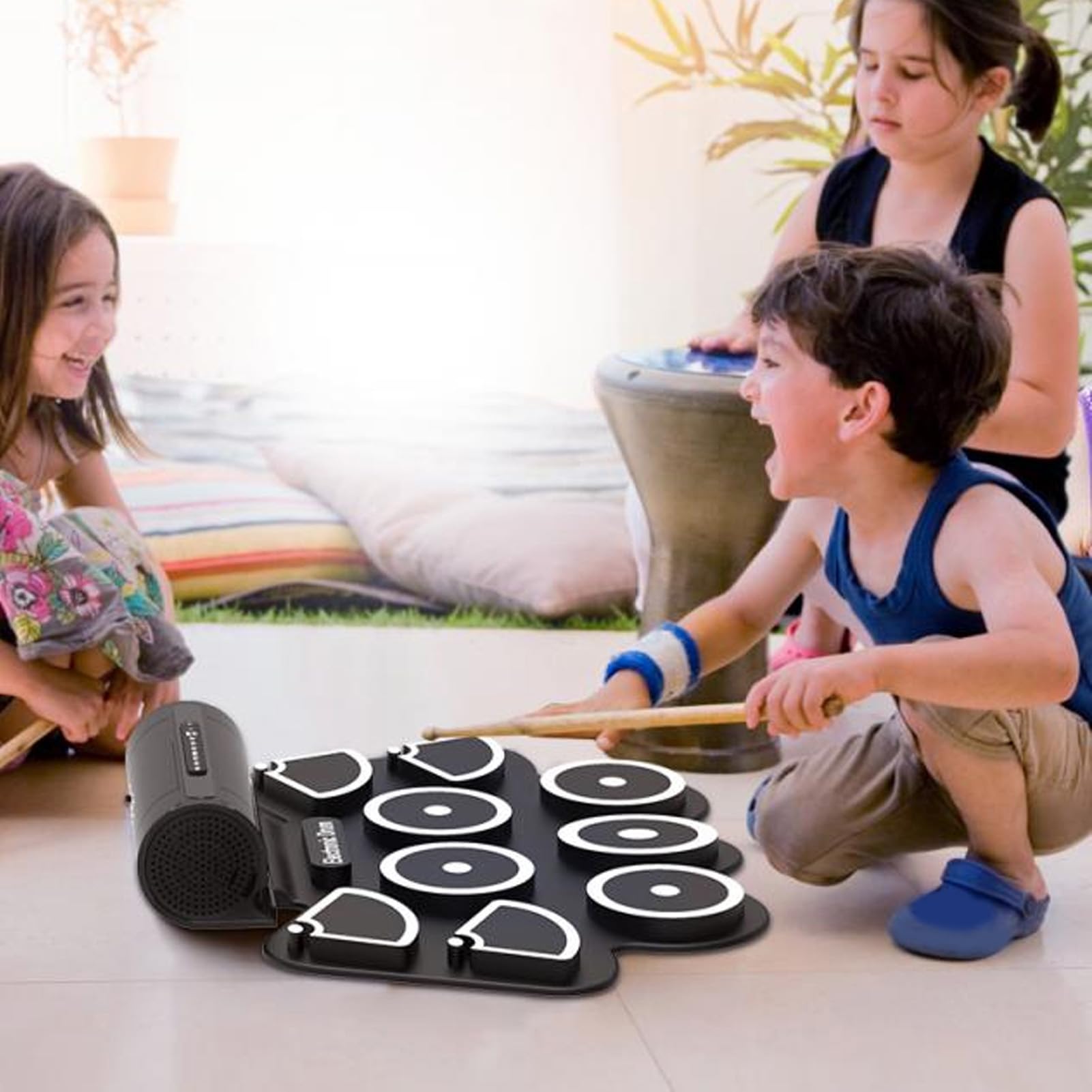 Batería Electrónica, 9 Pads Enrollables Batería Eléctrica, Batería MIDI Portátil Recargable con Pedales, Conector para Auriculares, Altavoz Incorporado