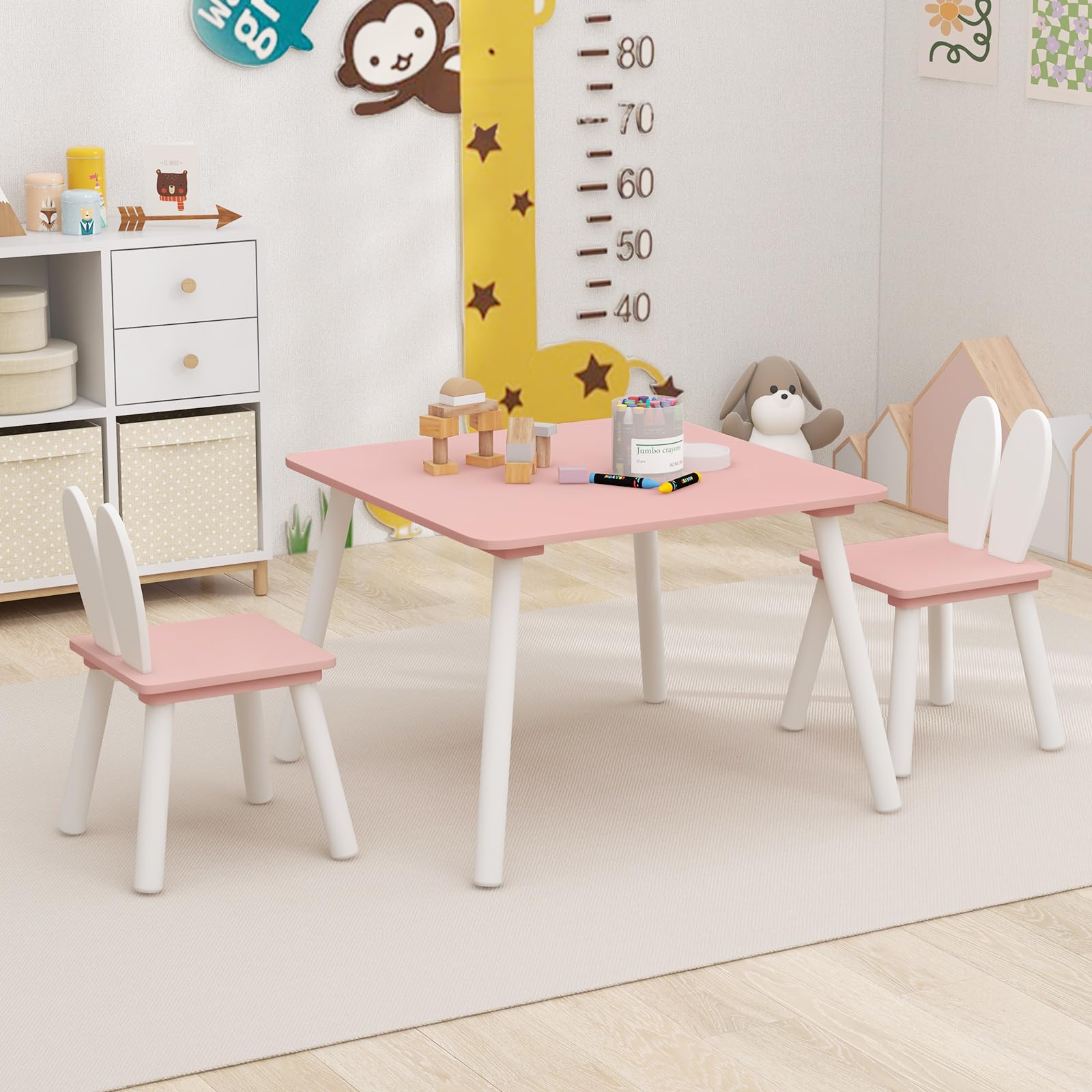 RELAX4LIFE Tavolino Bambini con 2 Sedie con Orecchie da Coniglio, Set Tavolo e Sedie in Legno per Bambini 3-6 Anni, Design Compatto, Tavolino per Giocare, Disegnare e Leggere, Porta 40 KG (ROSA)