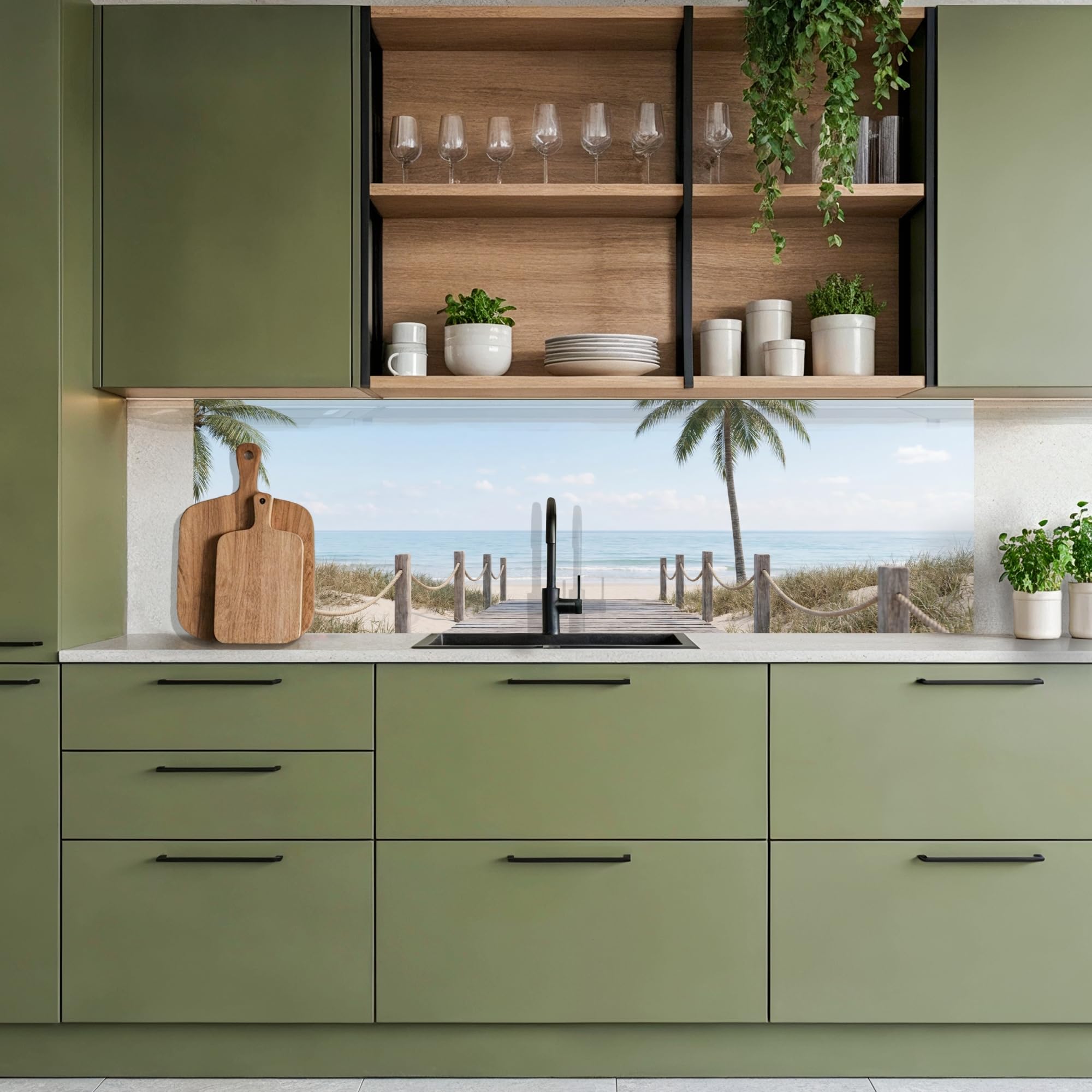 KitchenYeah© Spritzschutz Küche 60x200 cm Küchen Rückwand Küchendeko Wand Wandschutz Selbstklebend Backsplash Kitchen Peel and Stick Palmen - Weg - Horizont