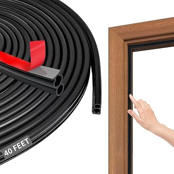 40FT Rubber Weather Stripping Door Seal, Self Adhesive Extra Thick D-Shaped Door Insulation Strip for Large Gap, Block Drafts, Noise Reduction, Door Soundproofing StripBlack