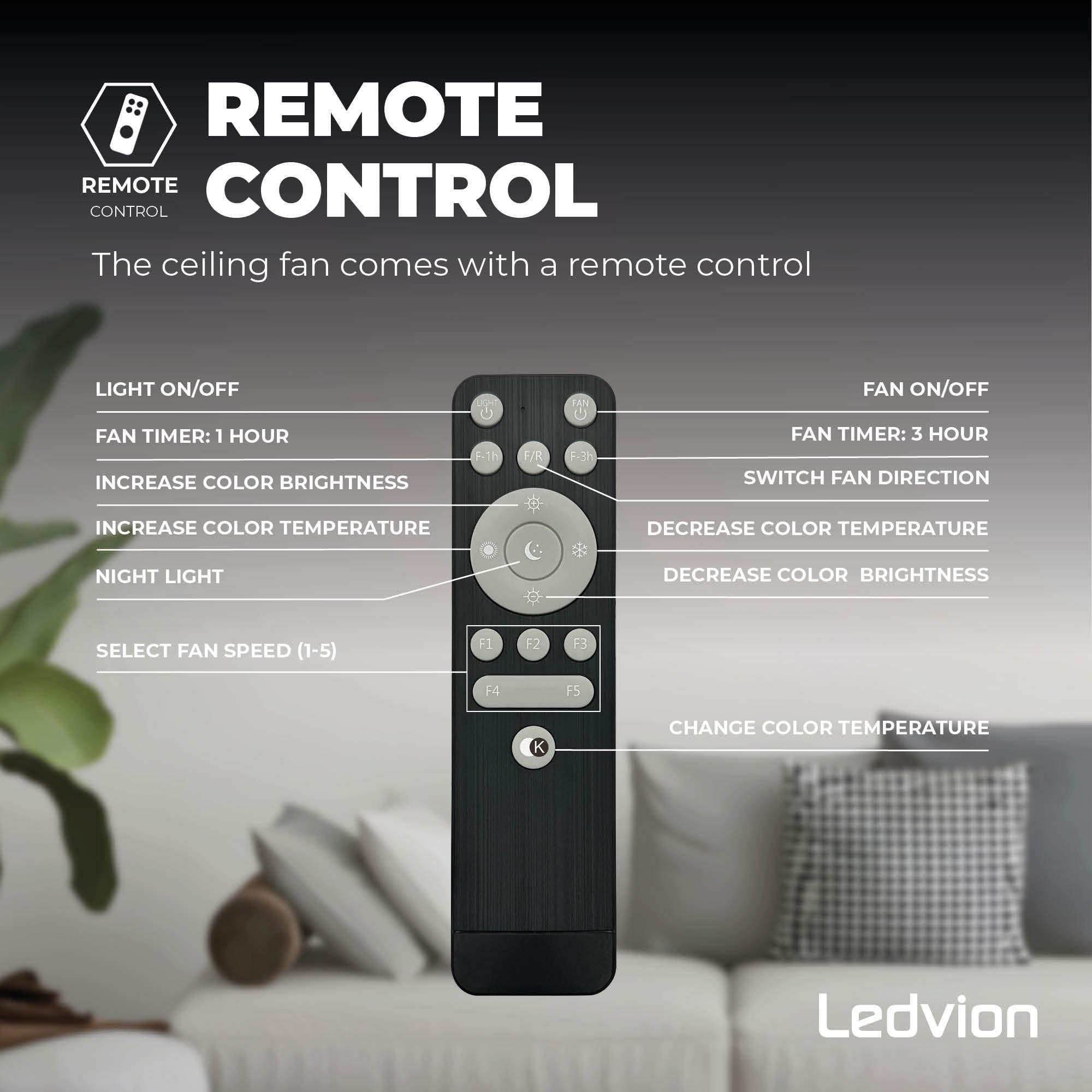 Ledvion - Ventilateur de Plafond avec Lumière, 49cm, Beige, 48W, 5200Lm, (2700k/4000K/6000K), 3 températures de couleur, 5 vitesses, Intensité variable, Télécommande, été-hiver, Ventilateur | Pour un mouvement d'air agréable dans le salon ou la chambre à