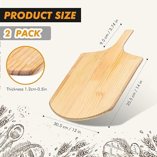 Miniatura 2 de Bokon Paquete de 2 palas de madera para pizza, 14 x 12 pulgadas, juego de paletas de pizza grandes con mango de madera de 4 pulgadas para horno