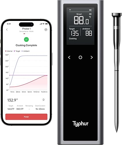 Typhur Sync One - Termómetro inalámbrico inteligente para carne base independiente con pantalla LCD, rango ilimitado de WiFi y Bluetooth,