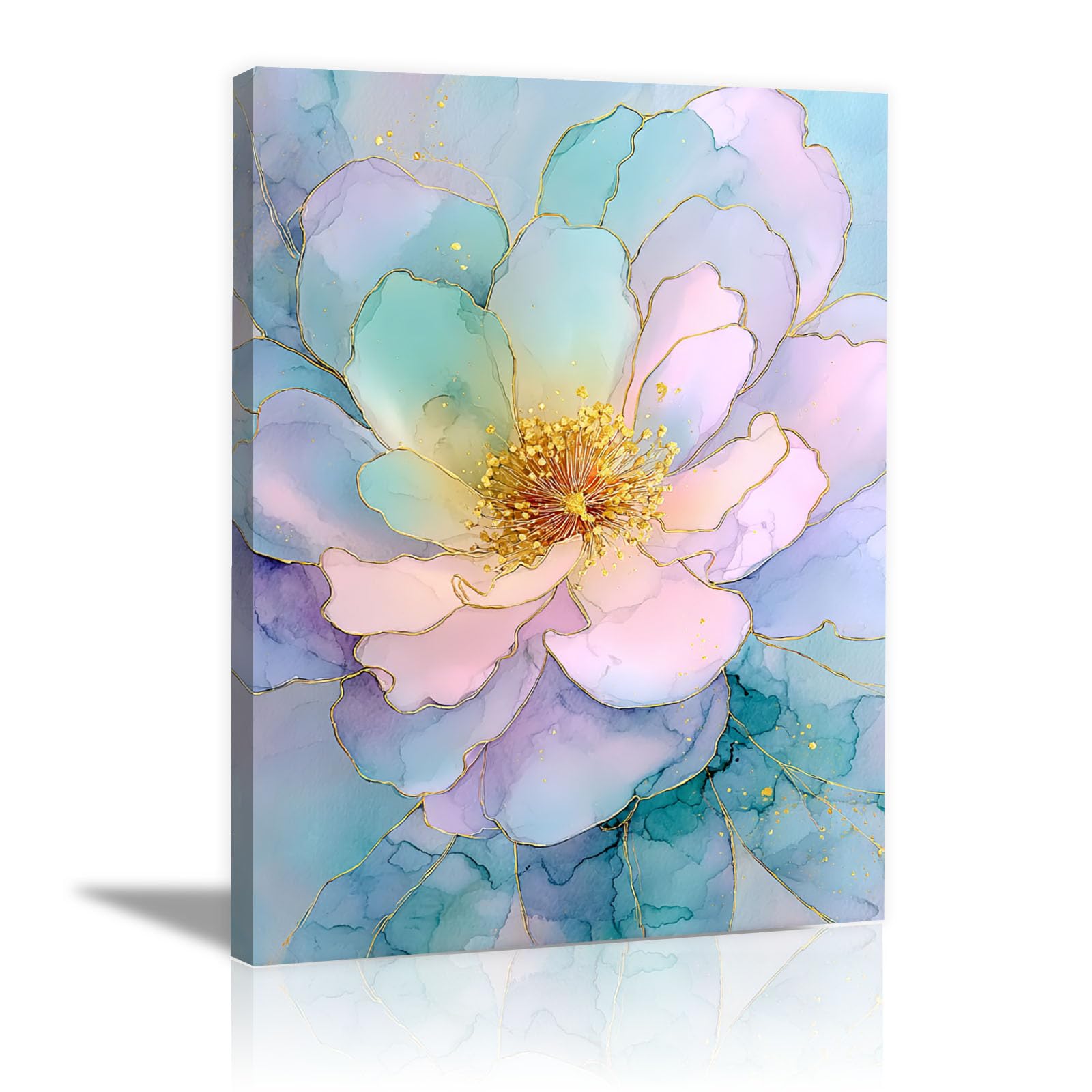 Teruea Women's Turquoise Modern Floral Giclee Canvas Prints Flowers Artwork Gilded Watercolour Mixed Bloom Floral Botanical Print For Girl's Bedroom Living Room Bathroom Gift(Turquoise)-20X30cm1 Framed
