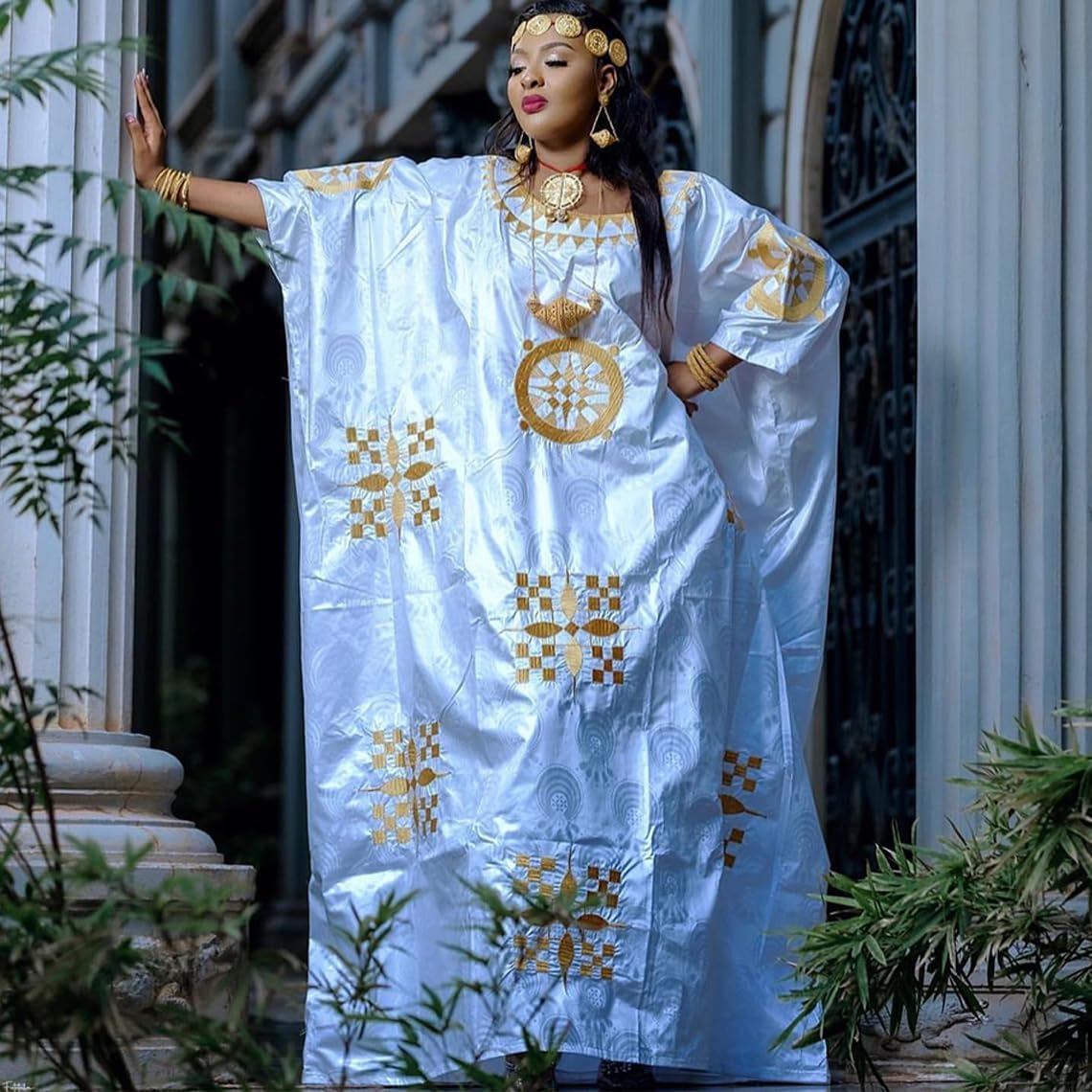 Gold And White African Mali Bazin Rich Boubou Nigerian Wedding Bride Dresses Senegal Women Mix Size Dashiki For Party Basin Riche Long Robe Clothing - Image 3