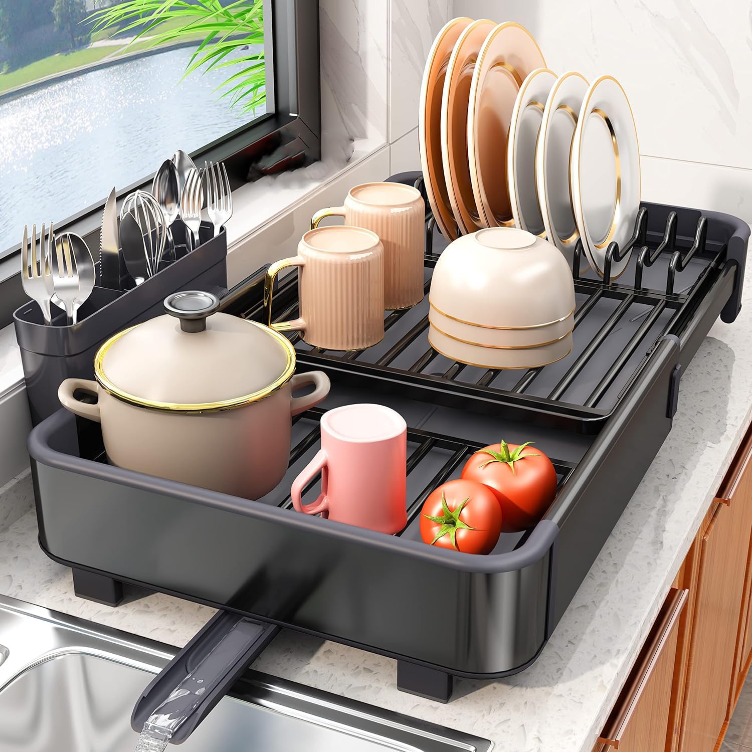 YHK Detachable Dish Rack and Drainer Large Capacity Drainer Organizer Shelf with Utensil, Cup Rack for Kitchen Countertop.