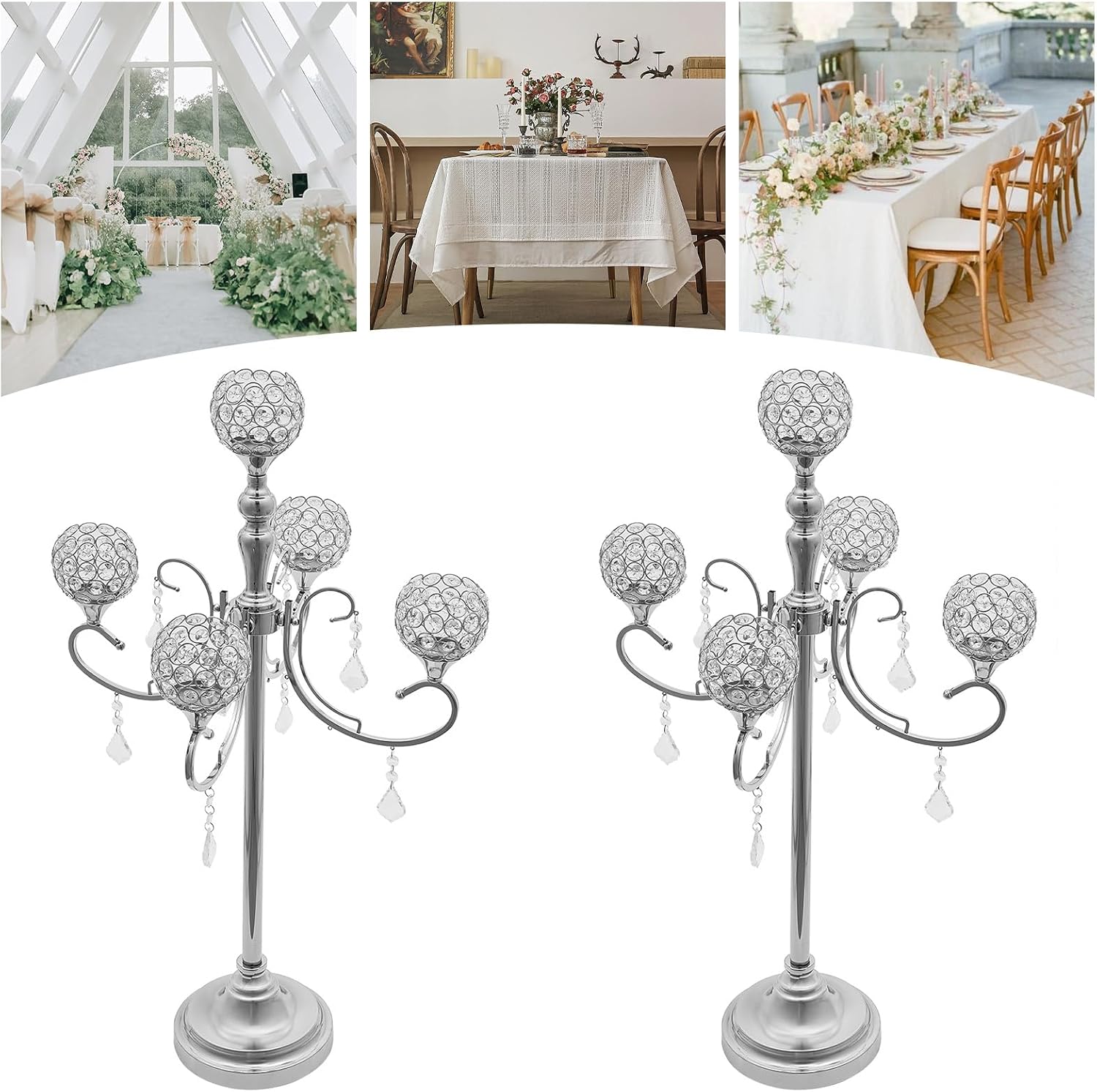 5 Arms Candle Holders for Table Centerpiece, 2 Pack Metal Decorative Candelabra for Wedding Dining Table Anniversary Party Home Decor, Height: 33.8 in (Silver)