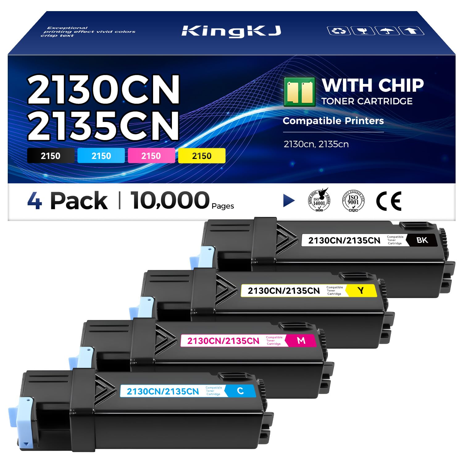 KingKJ 2130CN 2135CN Toner Cartridge Compatible Replacement for Dell 2130cn 2135cn 2130 2135 Printers 330-1436 T106C 330-1437 T107C 330-1433 T109C 330-1438 T108C Black Cyan Magenta Yellow 4-Pack