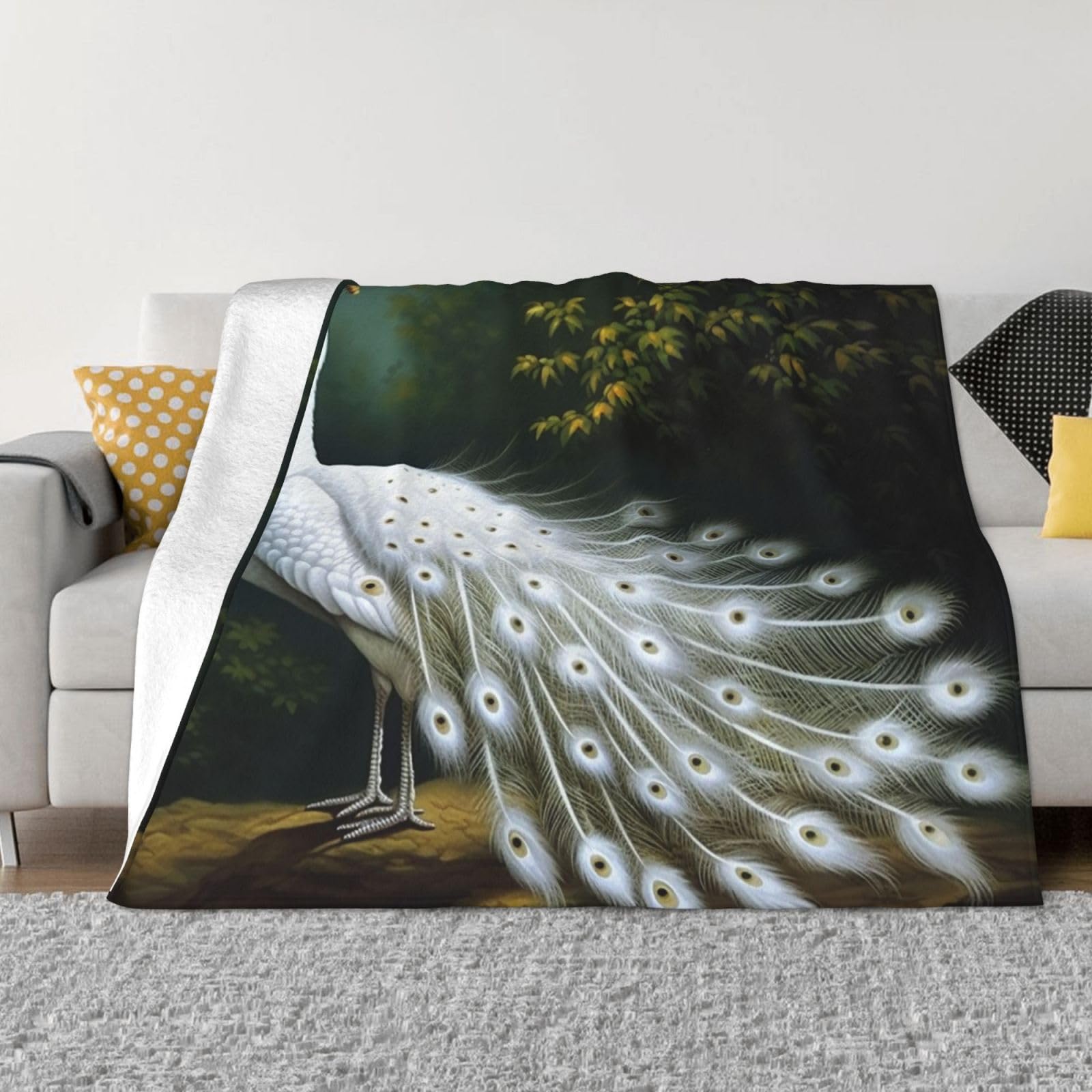 KLOPH White Peacock Throw Blanket 40"x30" Flannel Fluffy Warm Blanket for Couch, Reversible Plush Blankets for Bed, Comfy Fuzzy Blanket for Sofa, Plush Lightweight-Blankets for All Season