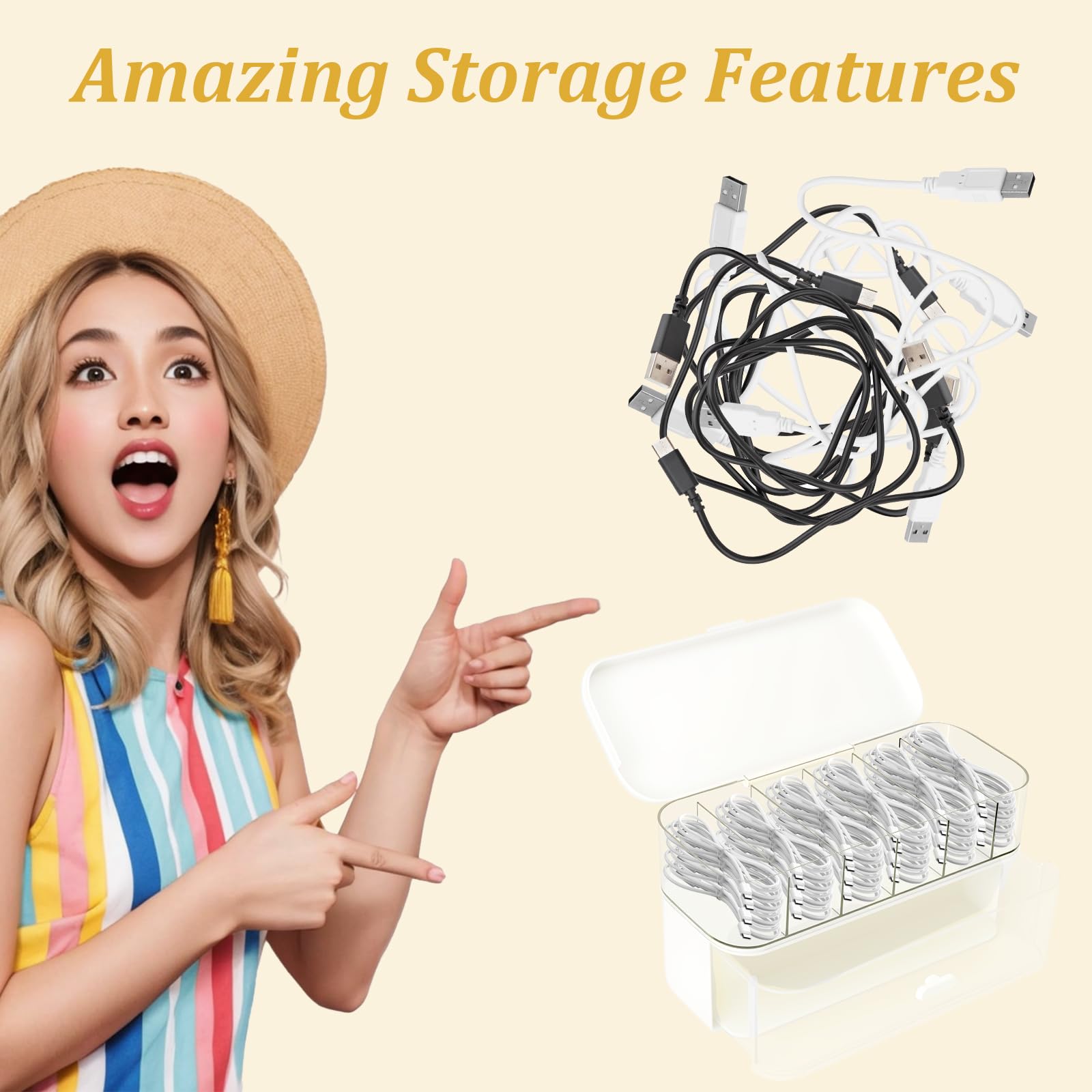 Kabel-Speicherbox mit Deckeln, Kabel-Management-Box mit 6 Gittern und 10 Drahtbindungen, Kunststoff-Datenkabel ordentliche Speicherhülle für Netzkabel, Ladestecker, Desktop Sundrie