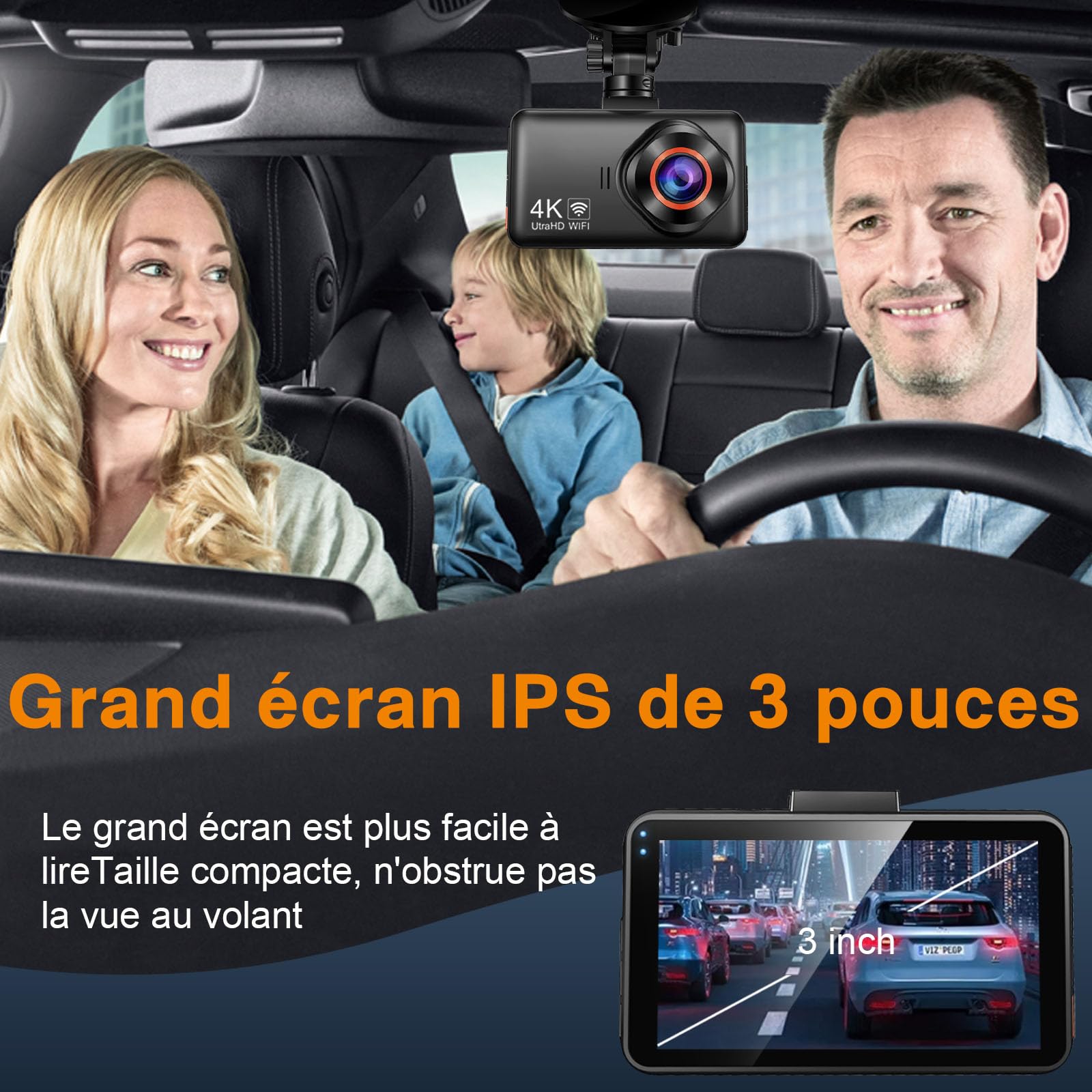 Dashcam Voiture Avant Arriere: 4K+2K 5G WiFi Camera Voiture Embarquée - Écran HD 3" avec App Contrôle Carte SD 64G Vision Nocturne - Convient à Tous Les Véhicules Installation Facile