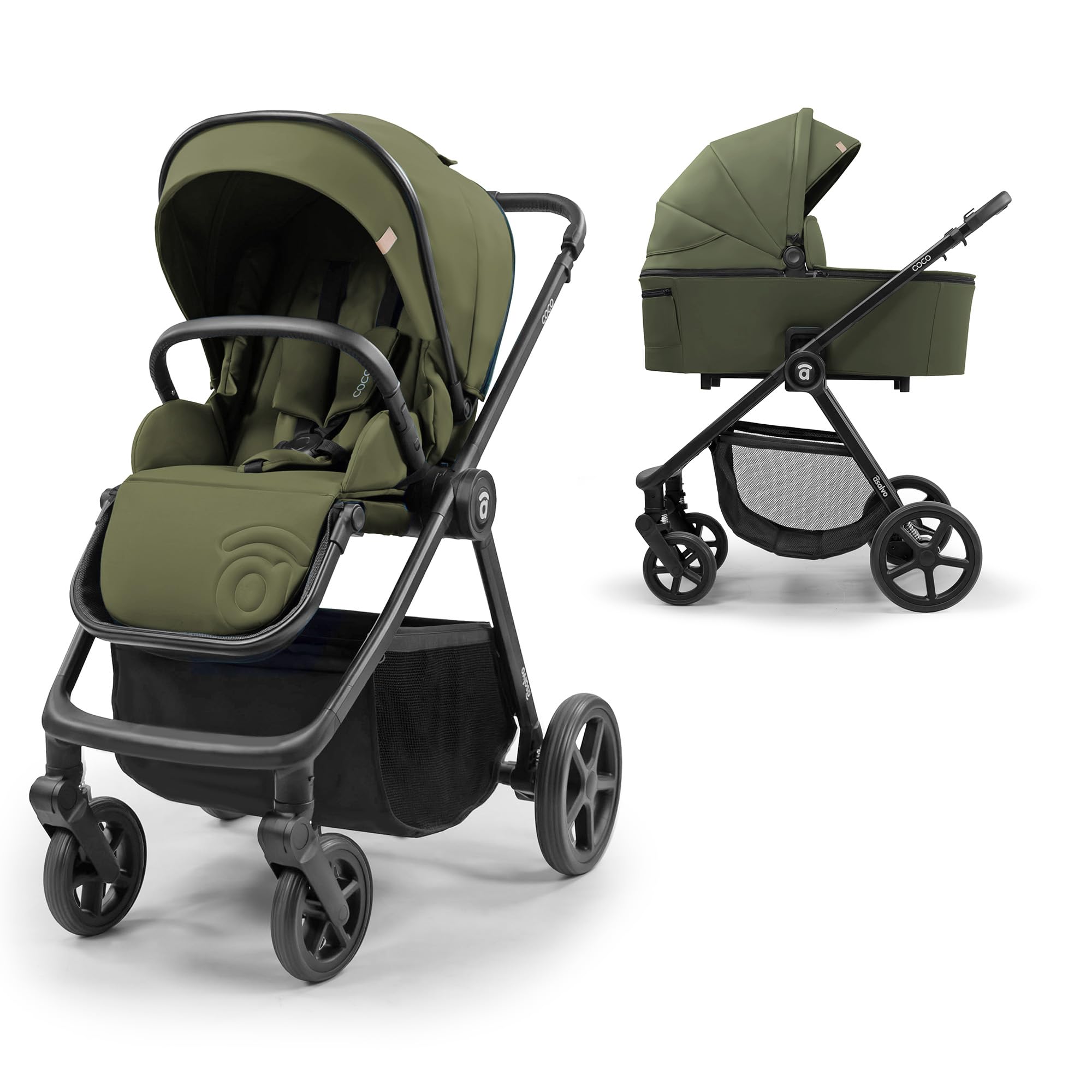 ASALVO Carrito Bebé 2 en 1 con Capazo y Silla de Paseo, Hasta 22 kg, Plegado Libro Compacto, Suspensión Total, Arnés de 5 Puntos, Dúo Coco Verde