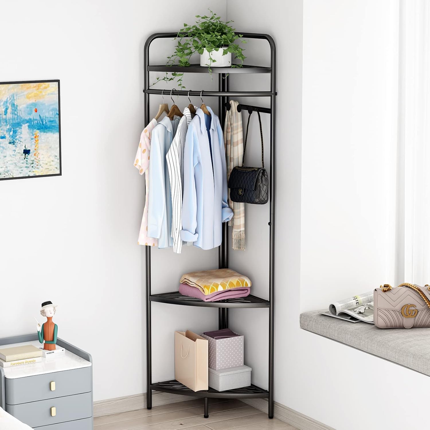 Corner Gold Clothing Racks Freestanding, Gold Metal Coat Racks with Hooks, Heavy Duty Modern Clothes Rack with 3 Tier Storage Shelves for Home,Bedroom,Living Room
