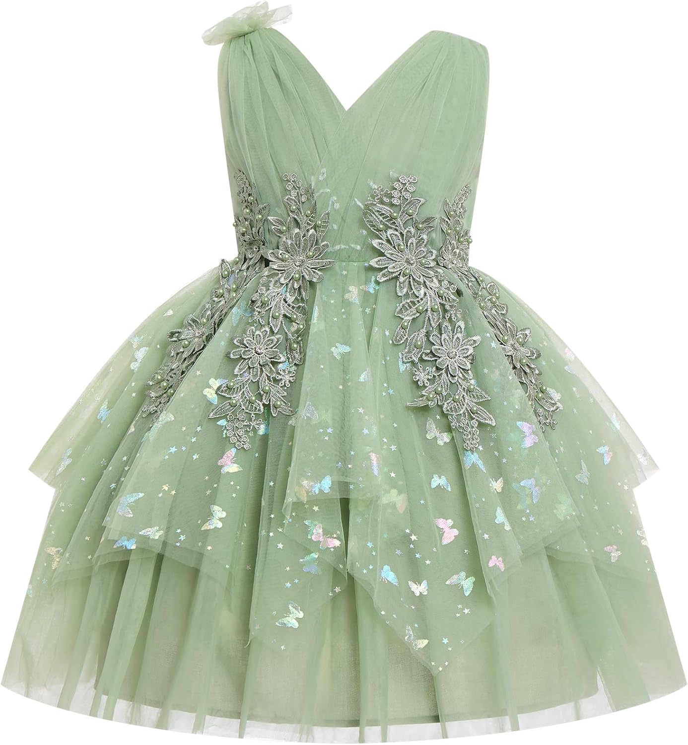 IDOPIP Toddler Girls Butterfly Birthday Dress Ruffle Tulle Flower Girl Wedding Pageant Formal Party Dress for Photo Shoot 1-6