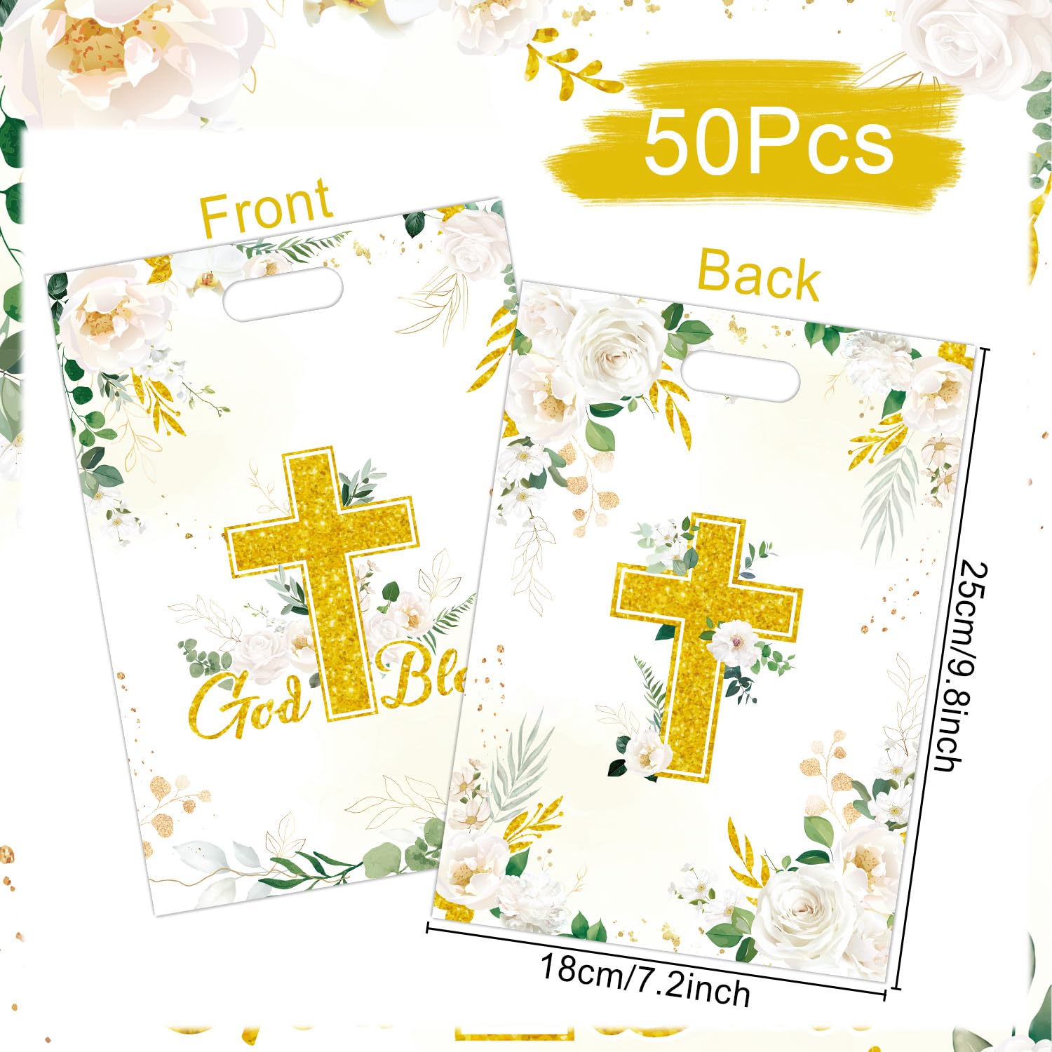 Falueqg Baptism Party Favor Bags - Bulk First Communion Favors for Guests Reusable Treat Bag, Baptism Party Goodie Suprise Pinata Bags for Candy Cookies Popcorn (50 Pcs)