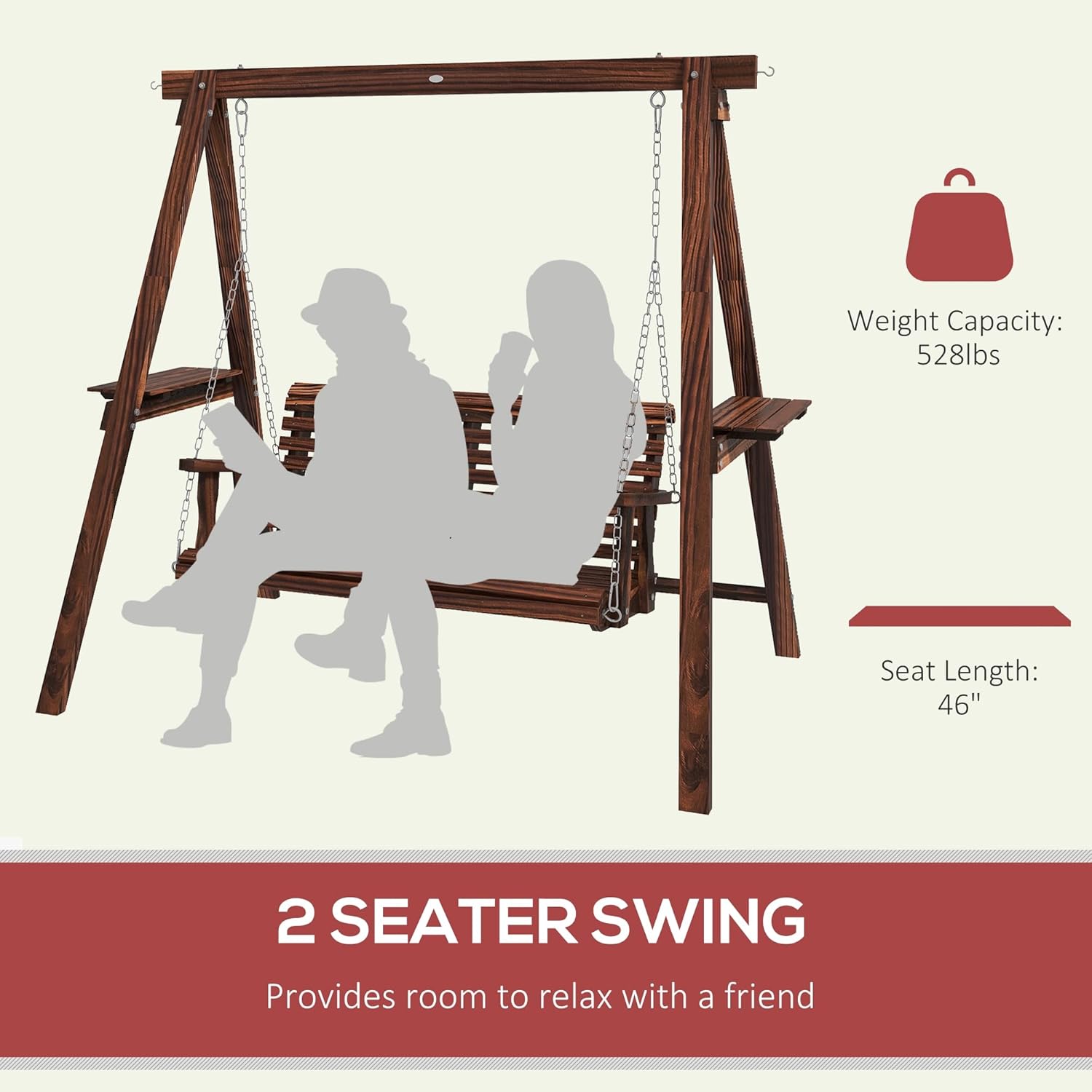 Outsunny 2-Seat orch Swing with Stand, Wooden Patio Swing Chair with Side Tables and Metal Chains, Outdoor Hanging Bench for Garden, Poolside, Backyard, Carbonized