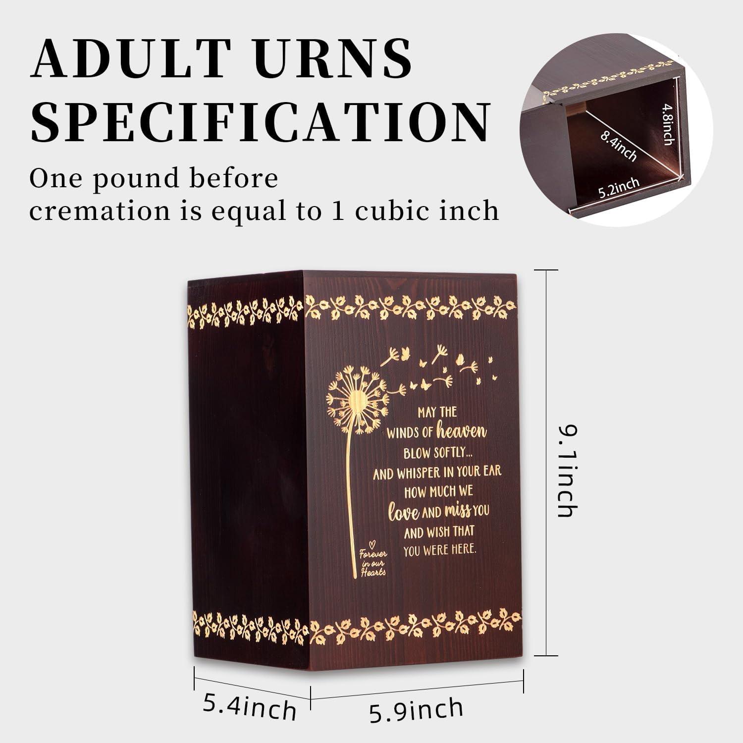 Cremation Urns for Human Ashes Adult Female Male Wooden Urns for Men Women Funeral Memorial Decorative Wood Urns for Ashes Large Burial Urn Box(H-Dandelion)