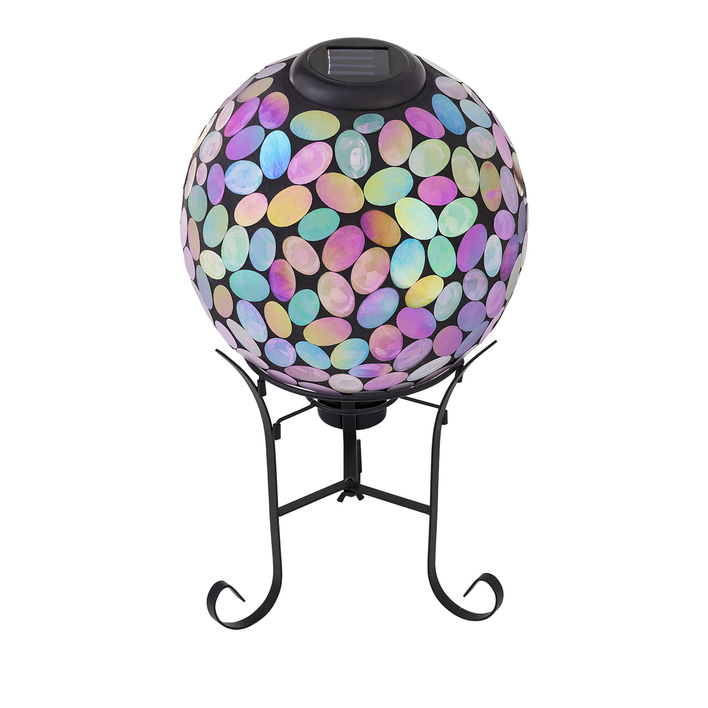 Alpine Corporation Outdoor Solar Powered Pink Glass Mosaic Gazing Globe with LED Lights and Metal Stand, Violet