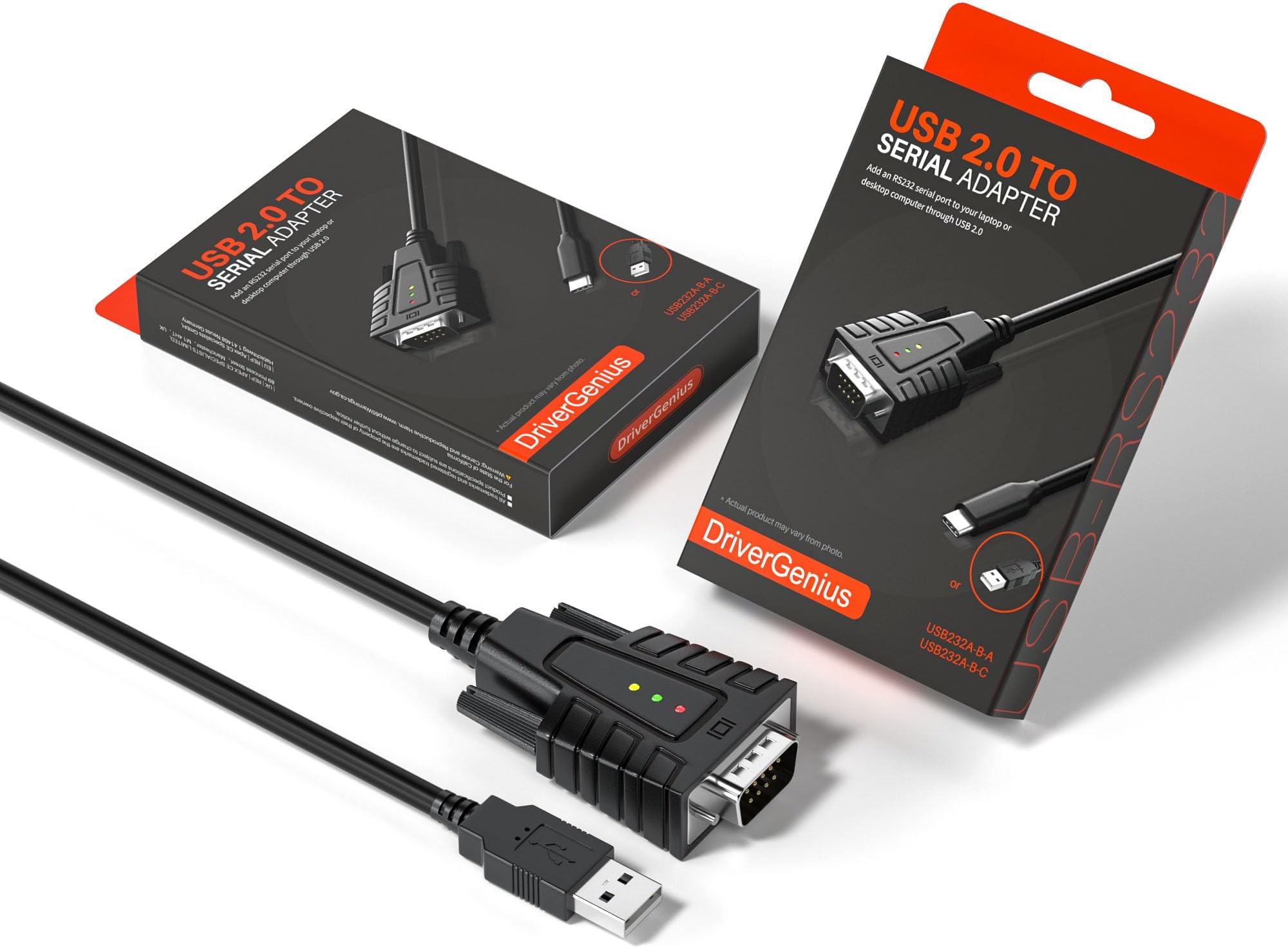 DriverGeniusUSB232A-B-A | USB to Serial (DB9) Adapter with 3 LEDs - Compatible with Windows 11 and macOS 15 【2-Piece/Package】