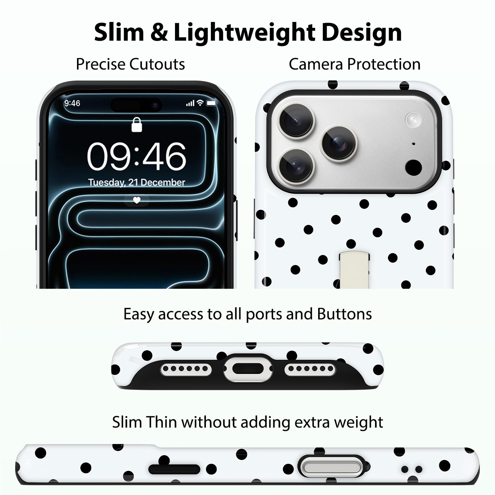 KANGHAR Custodia a pois per iPhone 17 Pro Max con supporto a strappo nascosto - Cover ibrida 2 in 1, sottile, antiurto, compatibile con MagSafe, protezione obiettivo fotocamera, unisex quotidiano