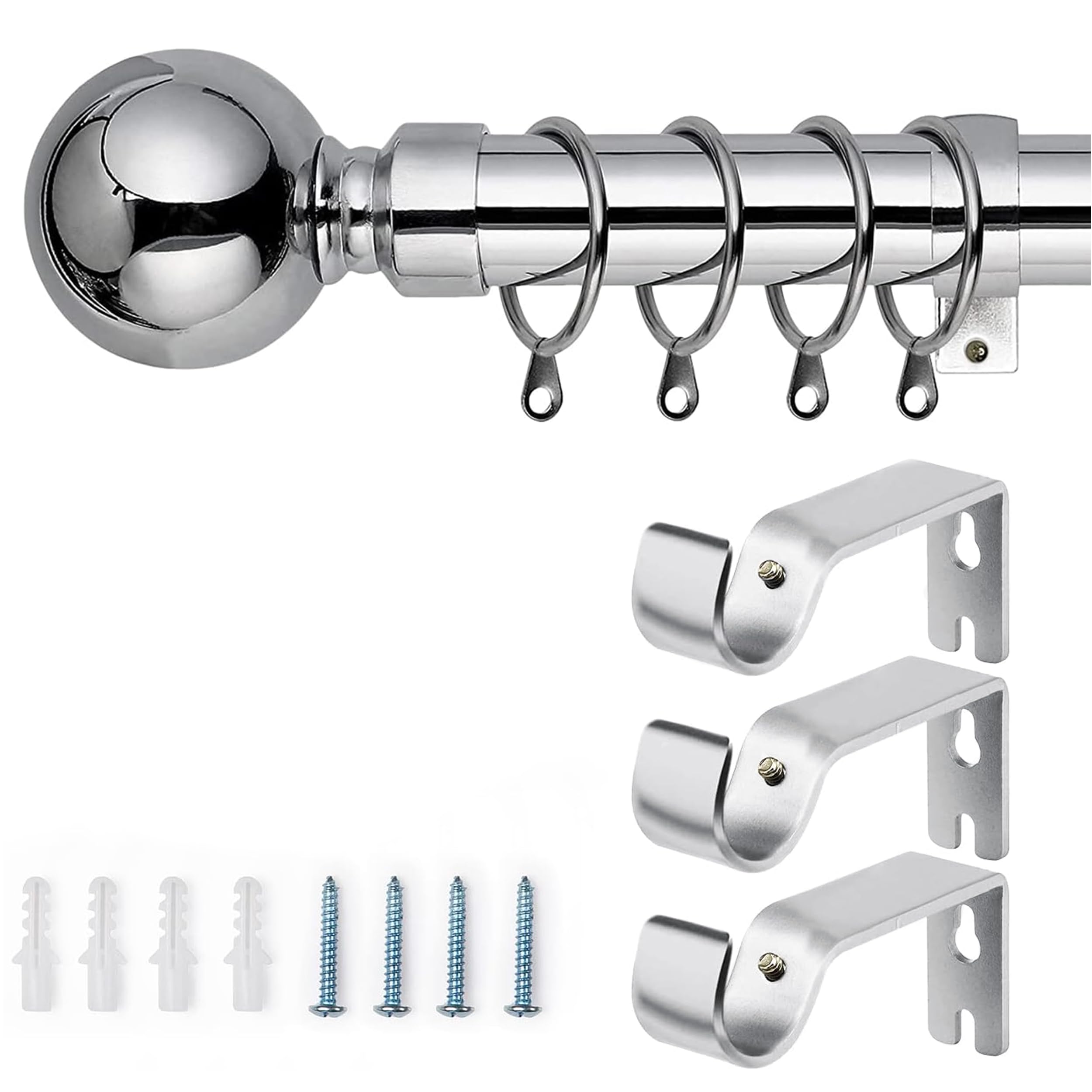Ameha Chrome Curtain Poles Plain Metal Ball Extendable Curtain Pole For Windows Includes Adjustable Curtain Rod, 60 Mm Finials, Rings, Brackets And Fitting Set (120-210Cm, 48 Inch To 84 Inch, )