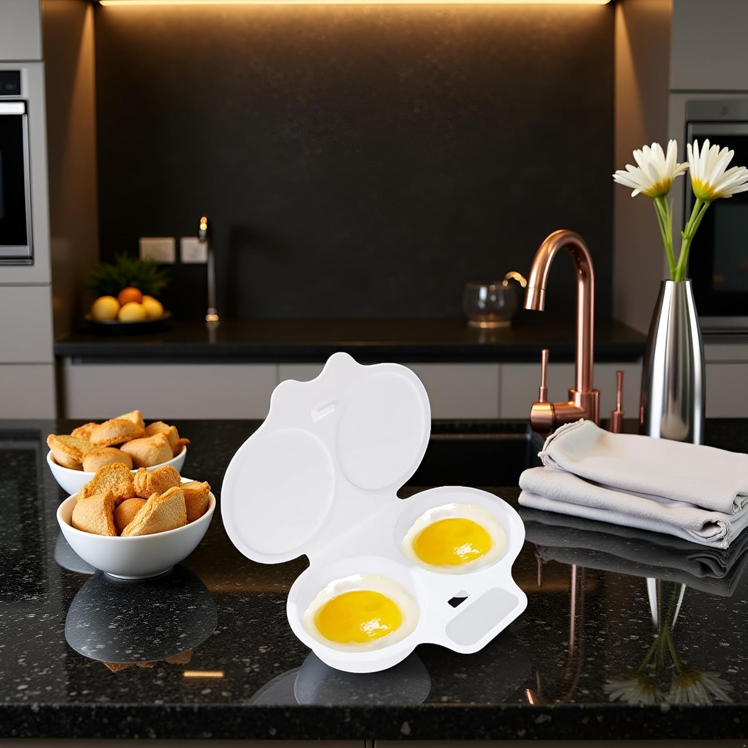 2-Cavity Nonstick Microwave Egg Poacher with Lid -White Plastic Egg Cooker for Perfect Poached Eggs