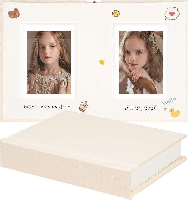 Vienrose Album photo Polaroid avec écriture Space – 2x3 Album de photos pour Instax Mini & Polaroid Go, 26 Livre de voyage de poches de mariage, petit album en lin pour des photos instantanées, Beige