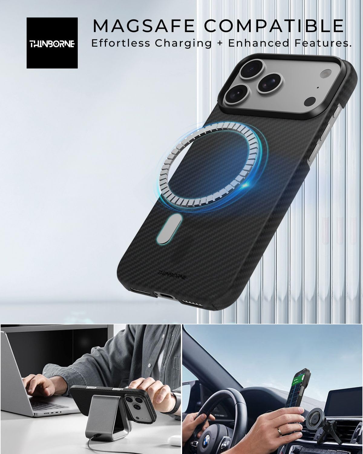 Thinborne Compatible with iPhone 17 Pro Max Case, [600D Aramid Fiber] [Mag Magnetic] [Extremely Thin] [Minimalist Style] [Carbon Fiber Textures]