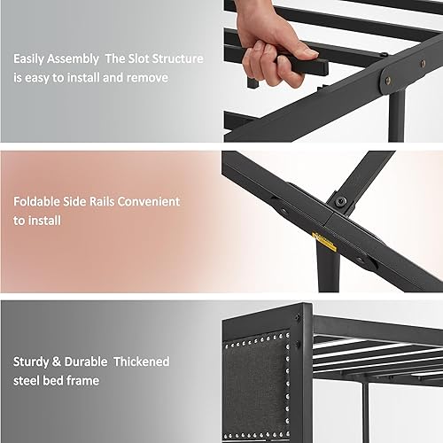 Miniatura 7 de VECELO Base de cama tamaño matrimonial con cabecera tapizada, plataforma resistente con listones de metal fuertes, no necesita somier, fácil