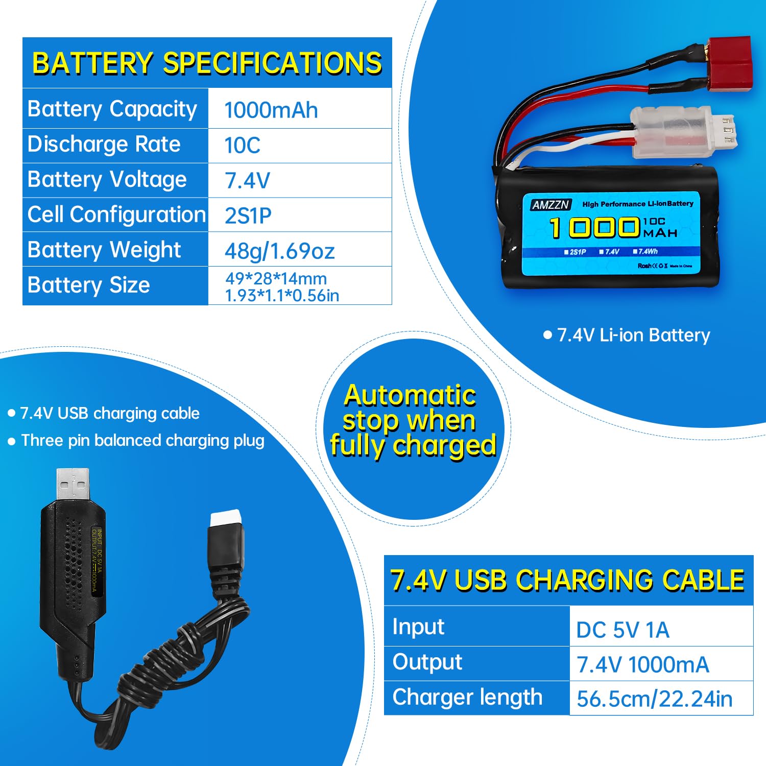 7.4V 1000mAh 2S batteria agli ioni di litio con spina a T e cavo di ricarica USB per YC100 HM161 HM162 HM166 HM201 9145 1:20 remote control truck, HBX X03 remote control ship battery
